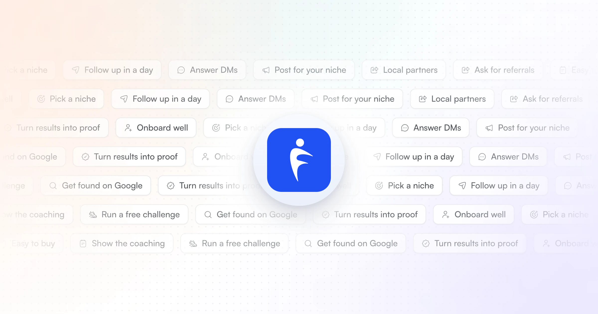Rows of client-getting ideas as soft tags, such as pick a niche, ask for referrals and run a free challenge, around the HubFit app icon