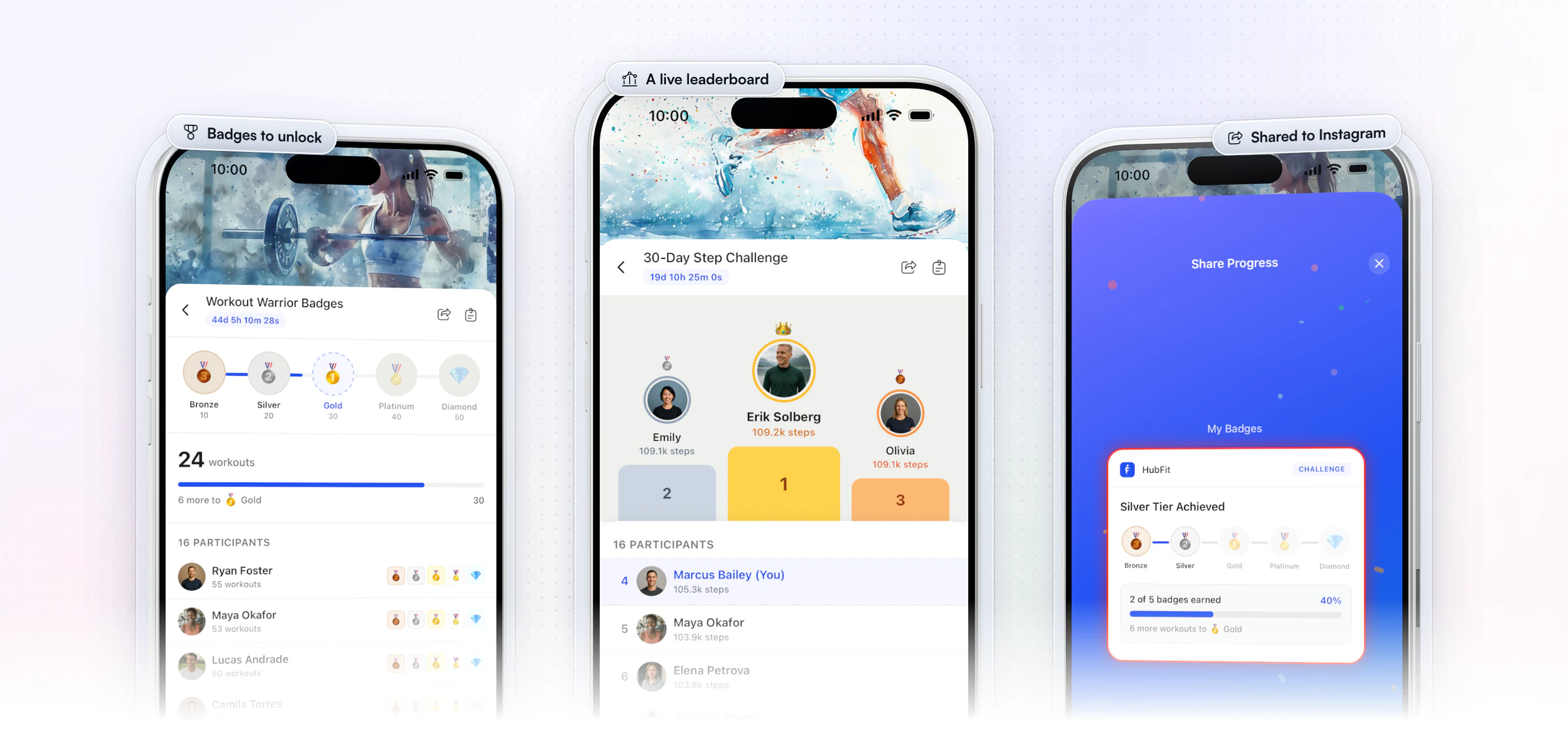 A HubFit challenge in the client app: Workout Warrior Badges with bronze to diamond tiers and 16 participants, the 30-Day Step Challenge leaderboard with Erik Solberg first on 109.2k steps, and a Silver Tier Achieved card ready to share to Instagram or Facebook