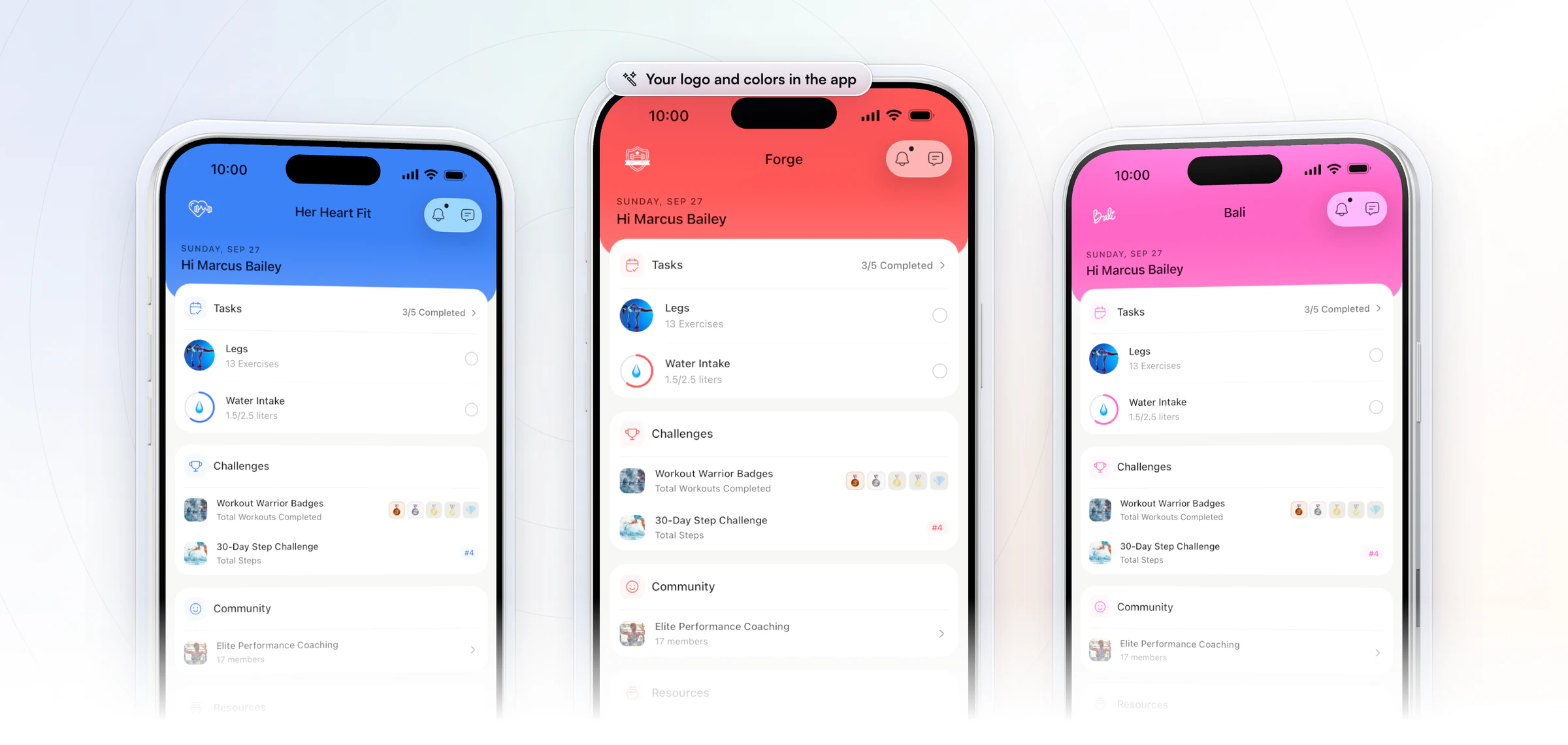 The same client app with three coaches' own logos and colors, Her Heart Fit in blue, Forge in red and Bali in pink, each home screen showing the day's tasks, challenges, community and resources