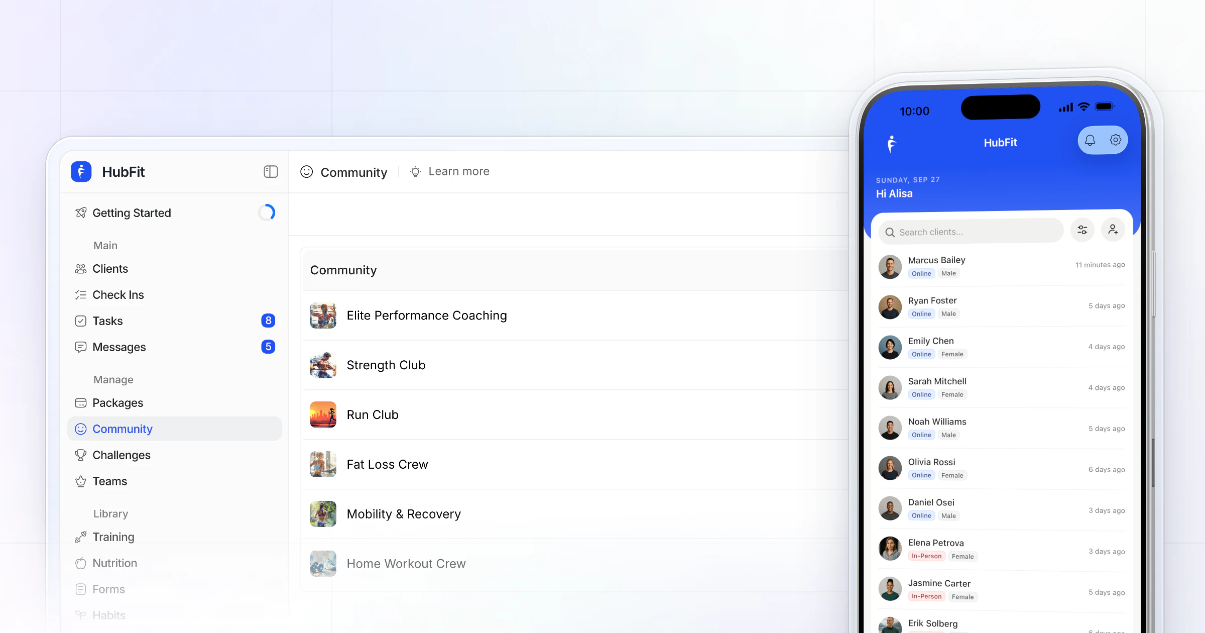 HubFit's communities page on the web, where a gym or coach runs groups for their members, beside an iPhone with the coach app's client list