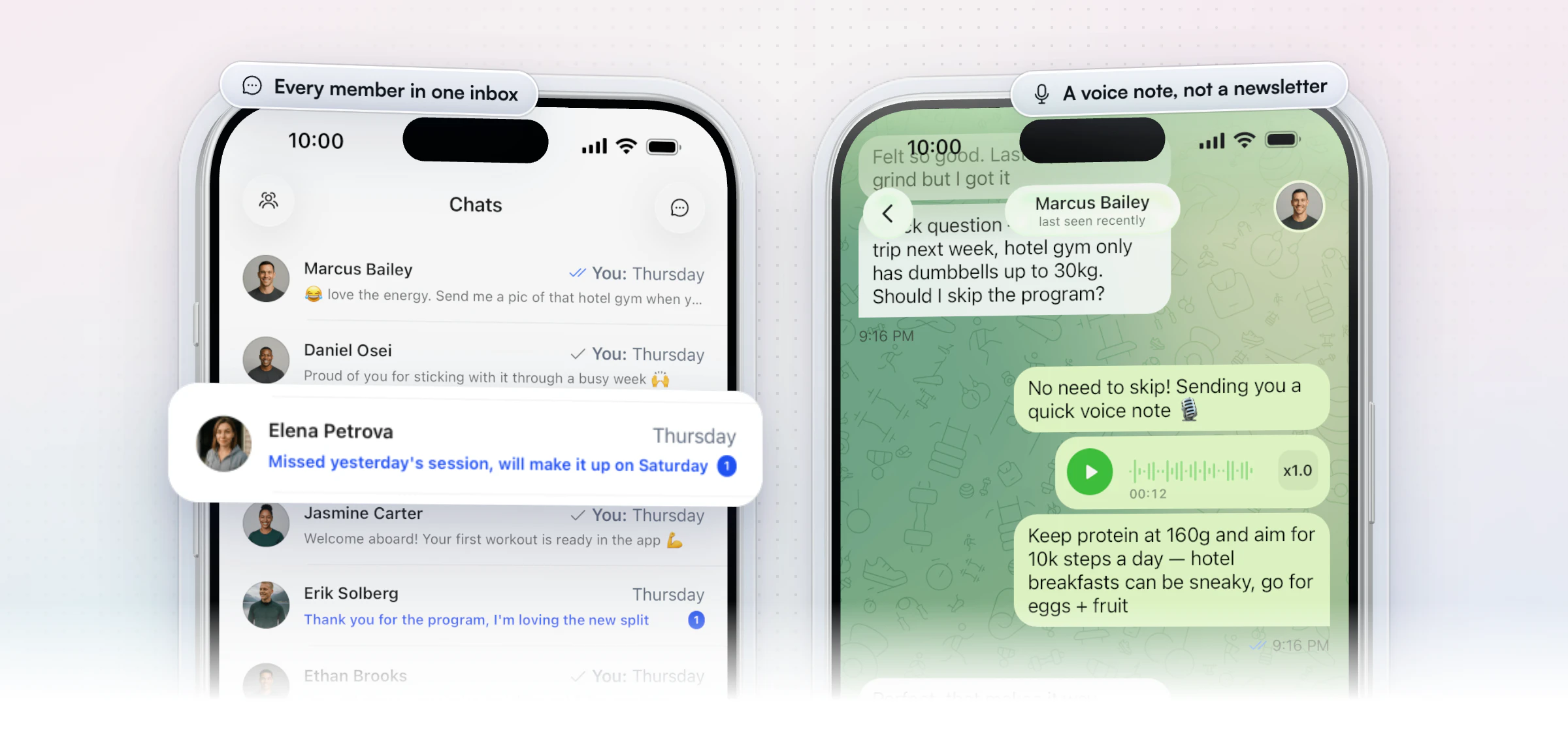 Messaging members in the HubFit coach app on two iPhones: the chat list with Elena Petrova's "Missed yesterday's session, will make it up on Saturday" lifted out, and a chat where the coach sends a voice note and advice on protein and steps for a hotel week