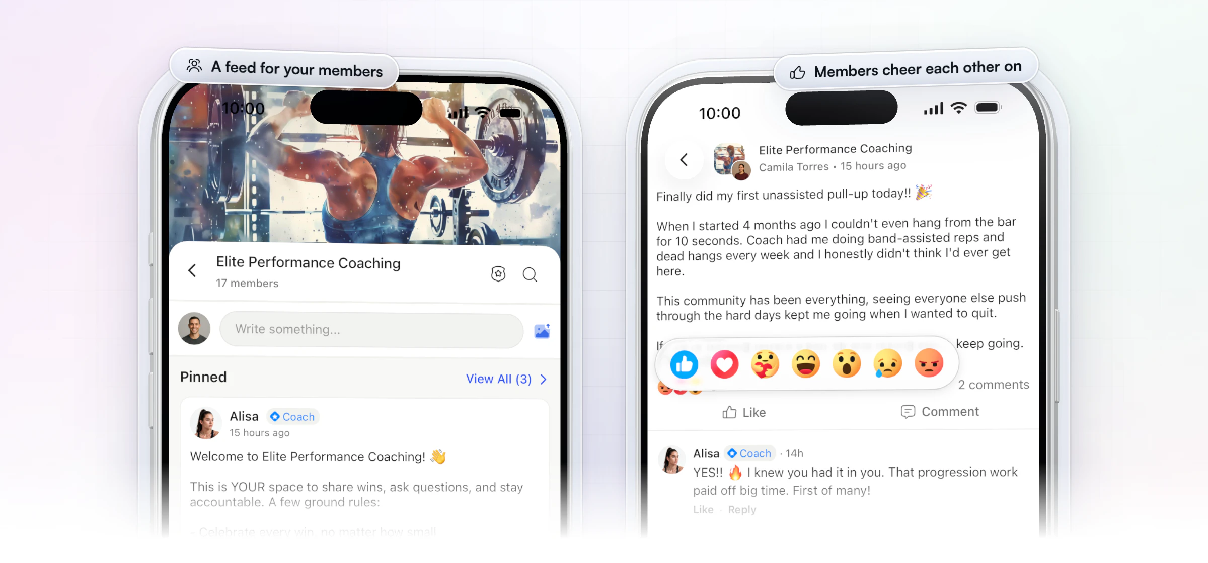 A private member community in the HubFit app on two iPhones: the feed with its pinned welcome post, and a member's post about her first unassisted pull-up with the reaction picker open and the coach's reply