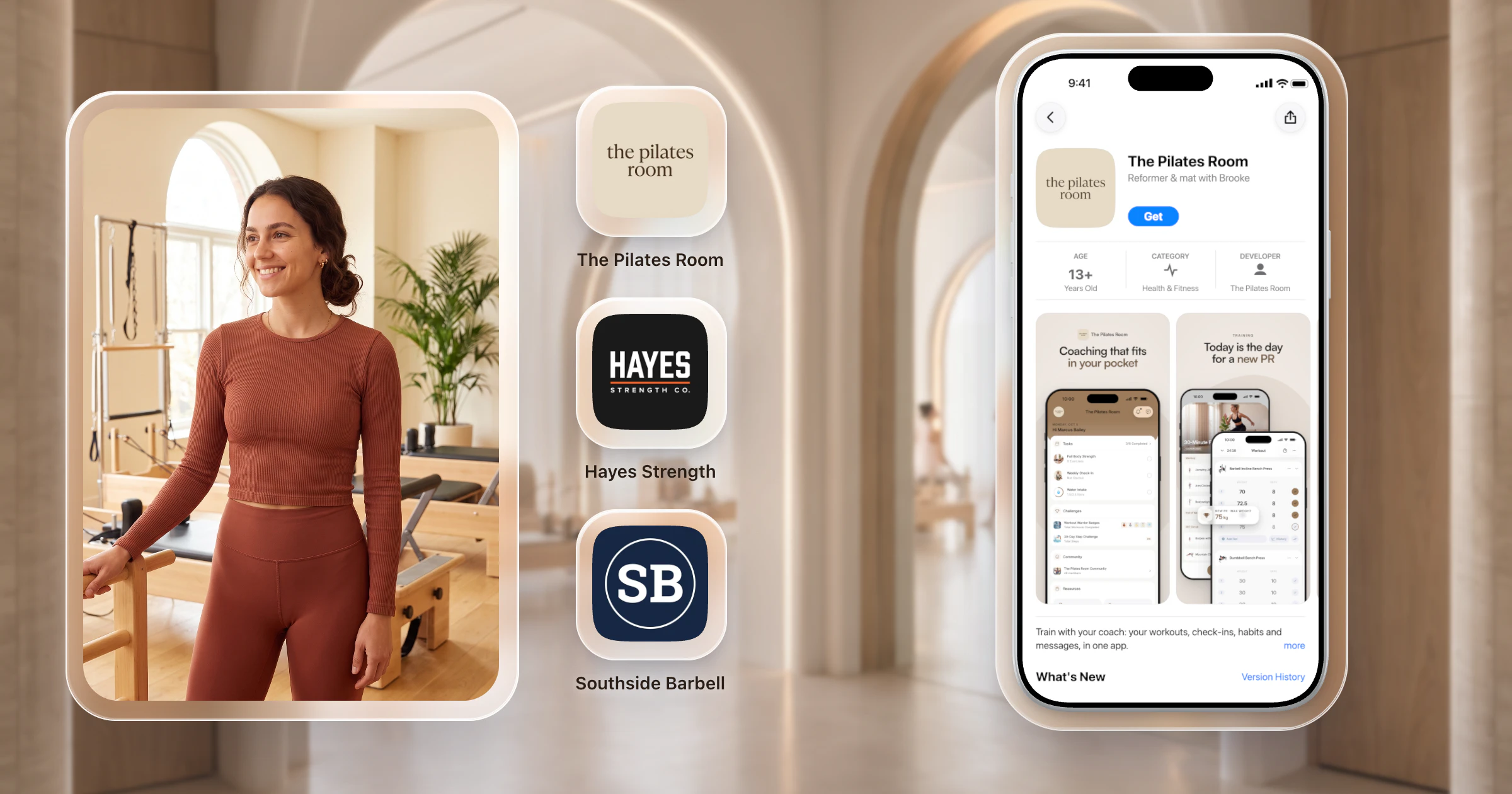 A pilates studio owner in a framed photo beside three example gym app icons and their names, The Pilates Room, Hayes Strength and Southside Barbell, and The Pilates Room's App Store page on an iPhone.