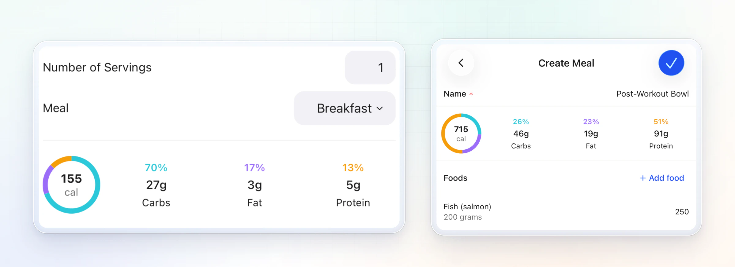 Two HubFit client app screens: a logged breakfast serving at 155 calories with 27 g carbs, 3 g fat and 5 g protein, and a Post-Workout Bowl the client is building, at 715 calories with 46 g carbs, 19 g fat and 91 g protein