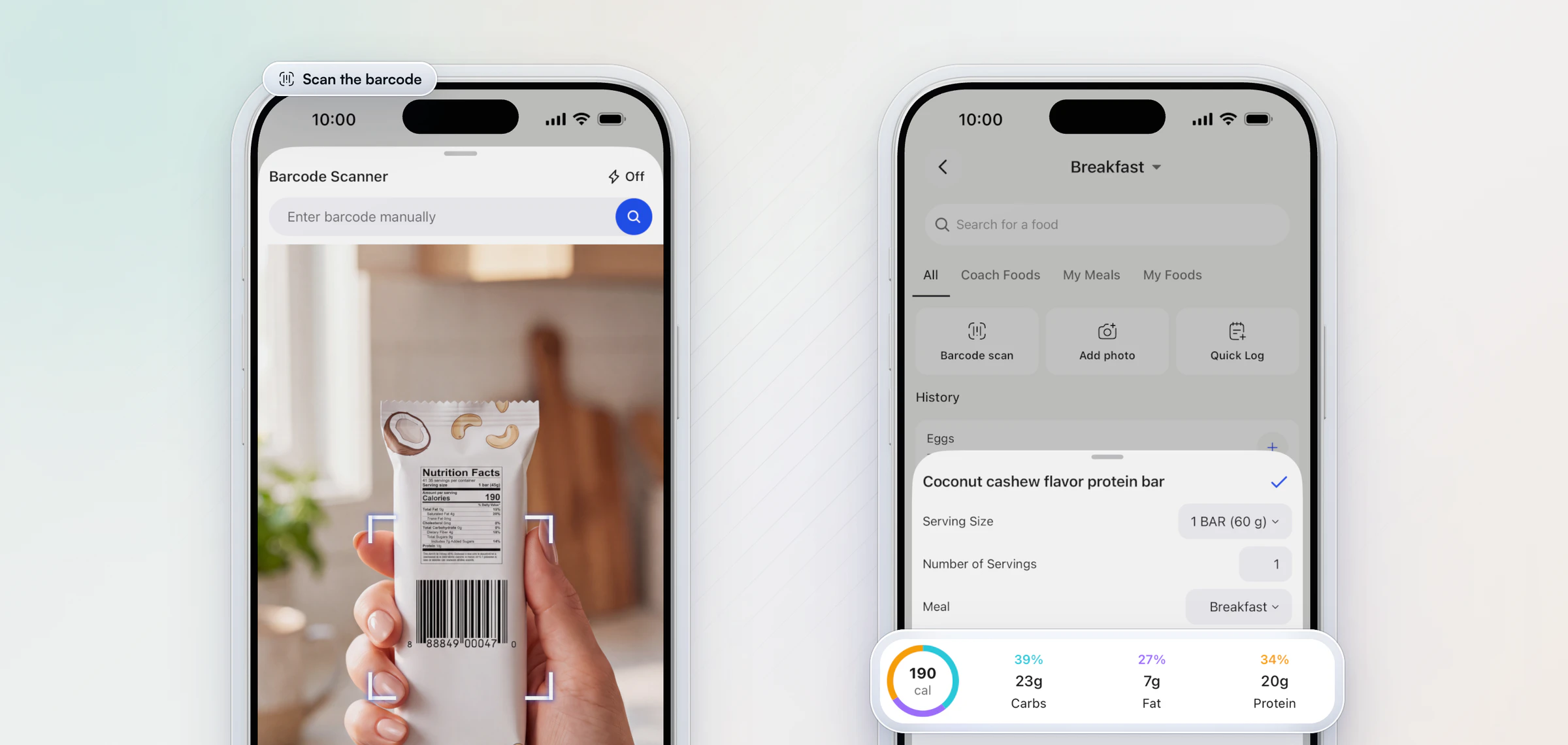 Logging a packaged food in the HubFit app: the barcode scanner reading a protein bar, and the result with its serving size, the meal it goes to, and its calories, carbs, fat and protein lifted out