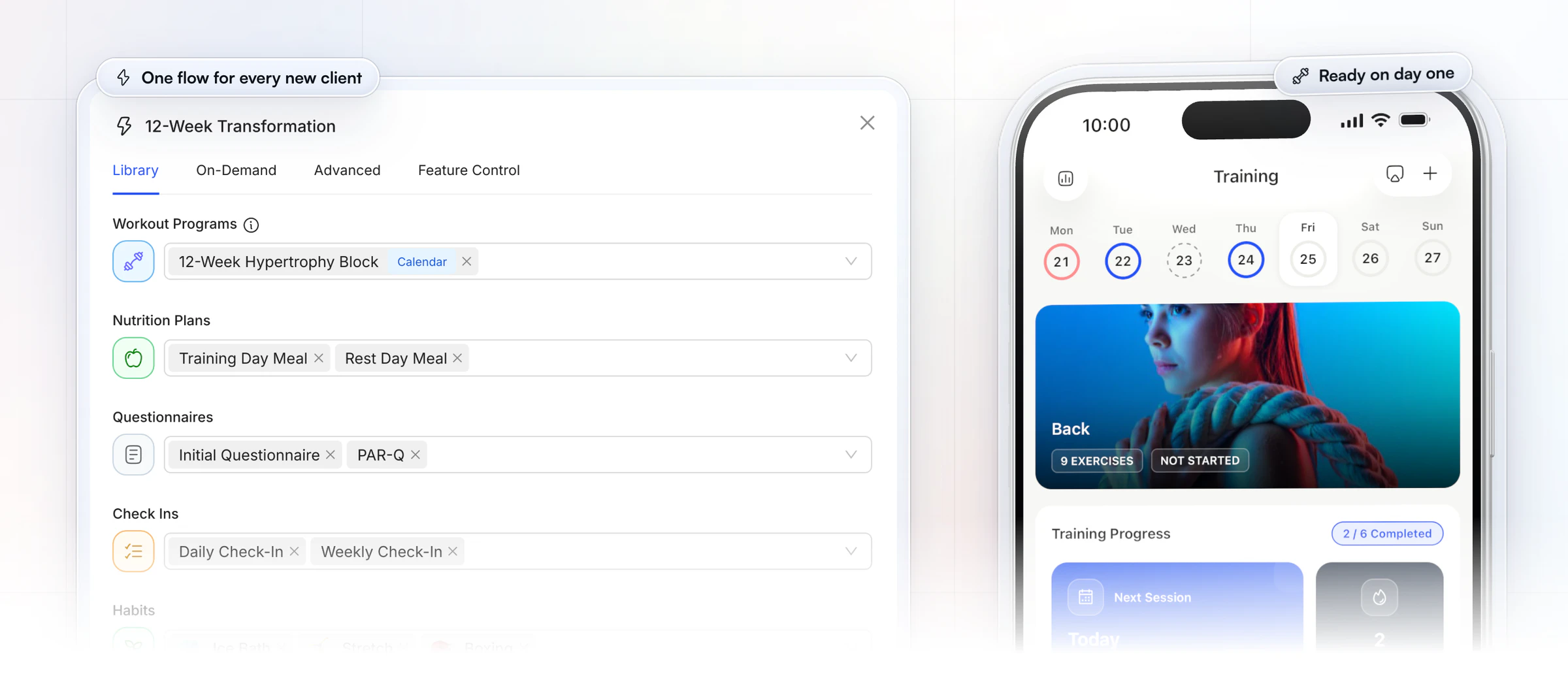 HubFit's onboarding flow builder on the web for a 12-Week Transformation: a workout program, training and rest day meal plans, an initial questionnaire and PAR-Q, daily and weekly check-ins and habits, beside the client app's Training tab with today's Back workout and a 2-session streak