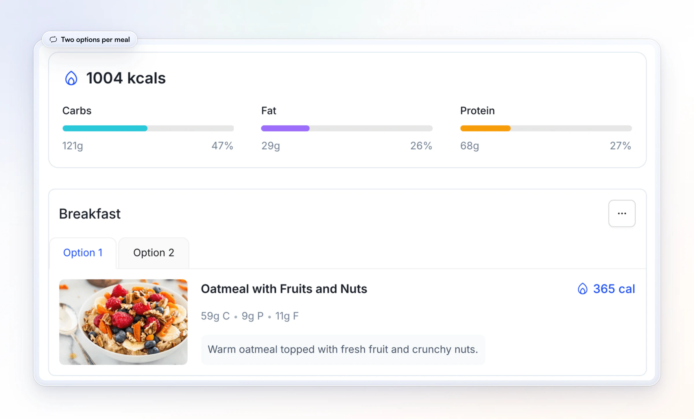 A Rest Day Meal plan on a client's profile in HubFit: 1,004 kcal with 121 g carbs, 29 g fat and 68 g protein, and breakfast with Option 1 and Option 2 tabs showing oatmeal with fruits and nuts at 365 calories