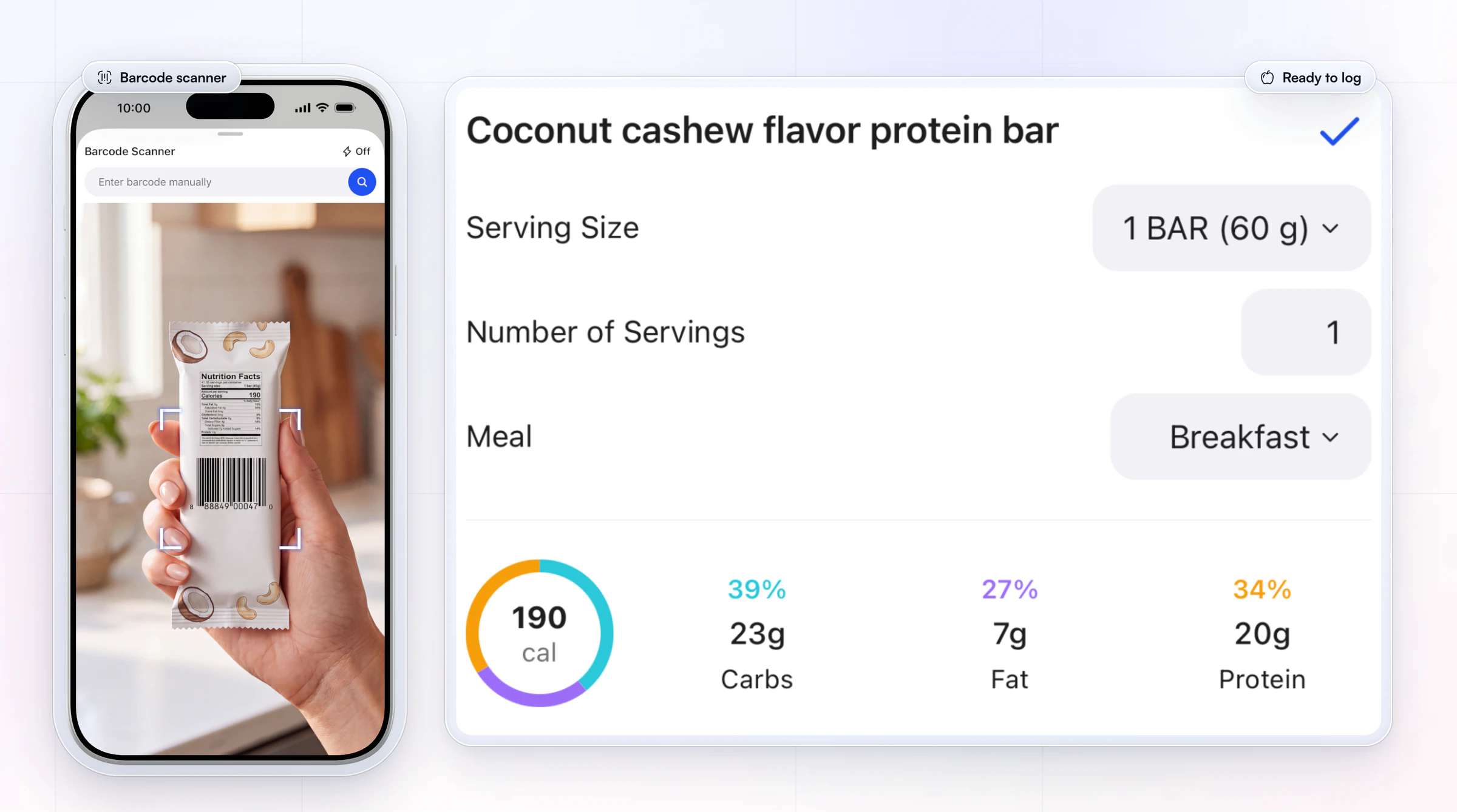 The HubFit app's barcode scanner reading a protein bar in a kitchen, beside the scanned result: a coconut cashew protein bar at 190 calories with 23 g carbs, 7 g fat and 20 g protein, ready to log to breakfast