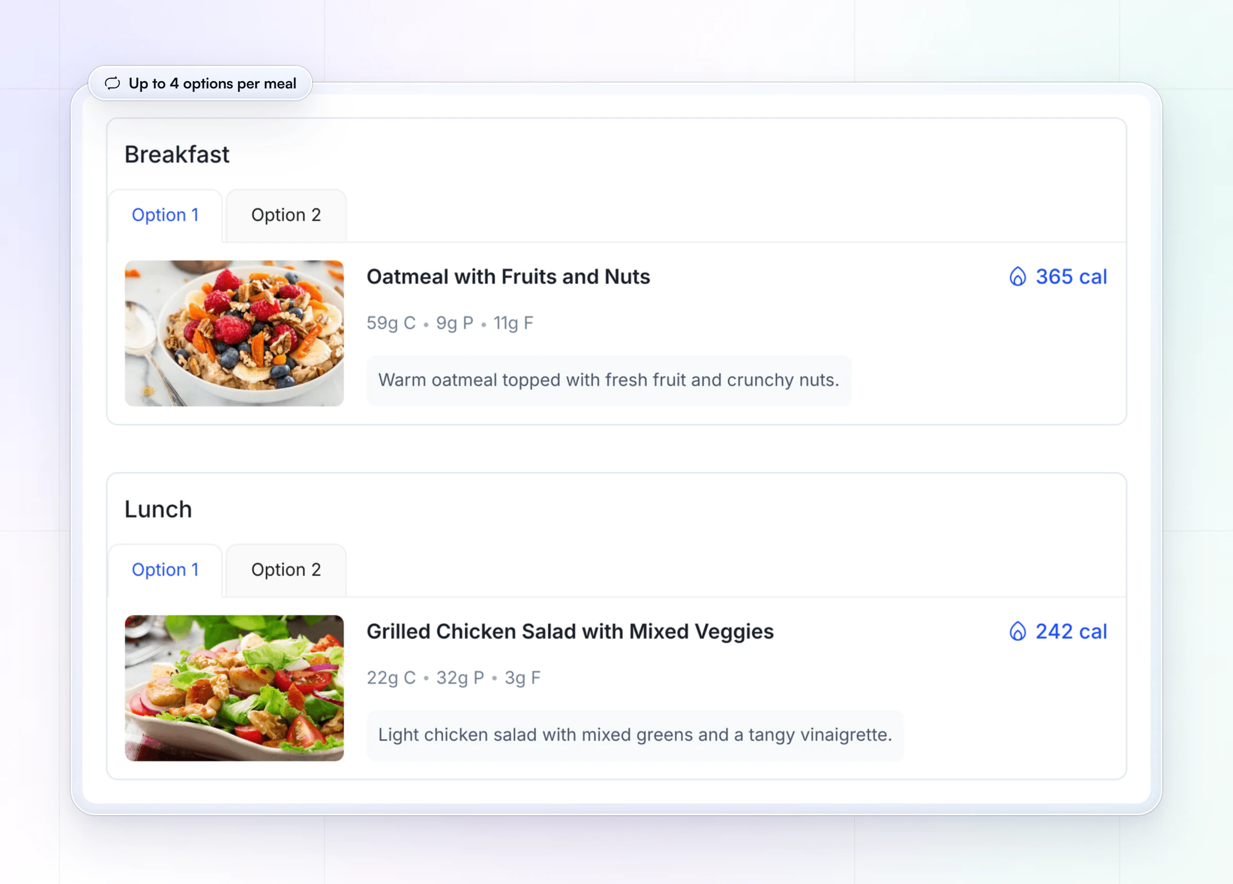 A client's meal plan in HubFit with Option 1 and Option 2 tabs on breakfast and lunch: oatmeal with fruits and nuts at 365 cal and a grilled chicken salad at 242 cal, each with its carbs, protein and fat