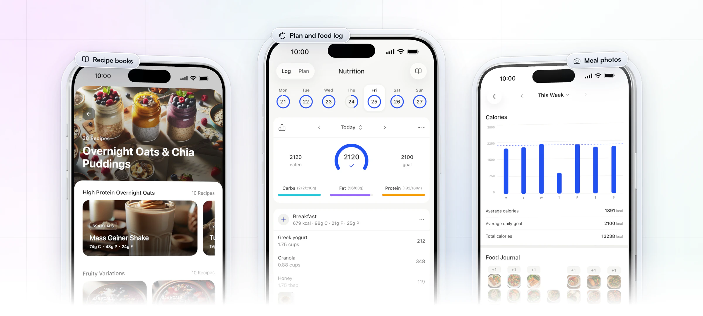 Three HubFit client app screens on iPhone: a recipe book of overnight oats with photos and macros, today's food log with 2,120 of 2,100 calories eaten and carbs, fat and protein against their targets, and the week's calories above a food journal of meal photos