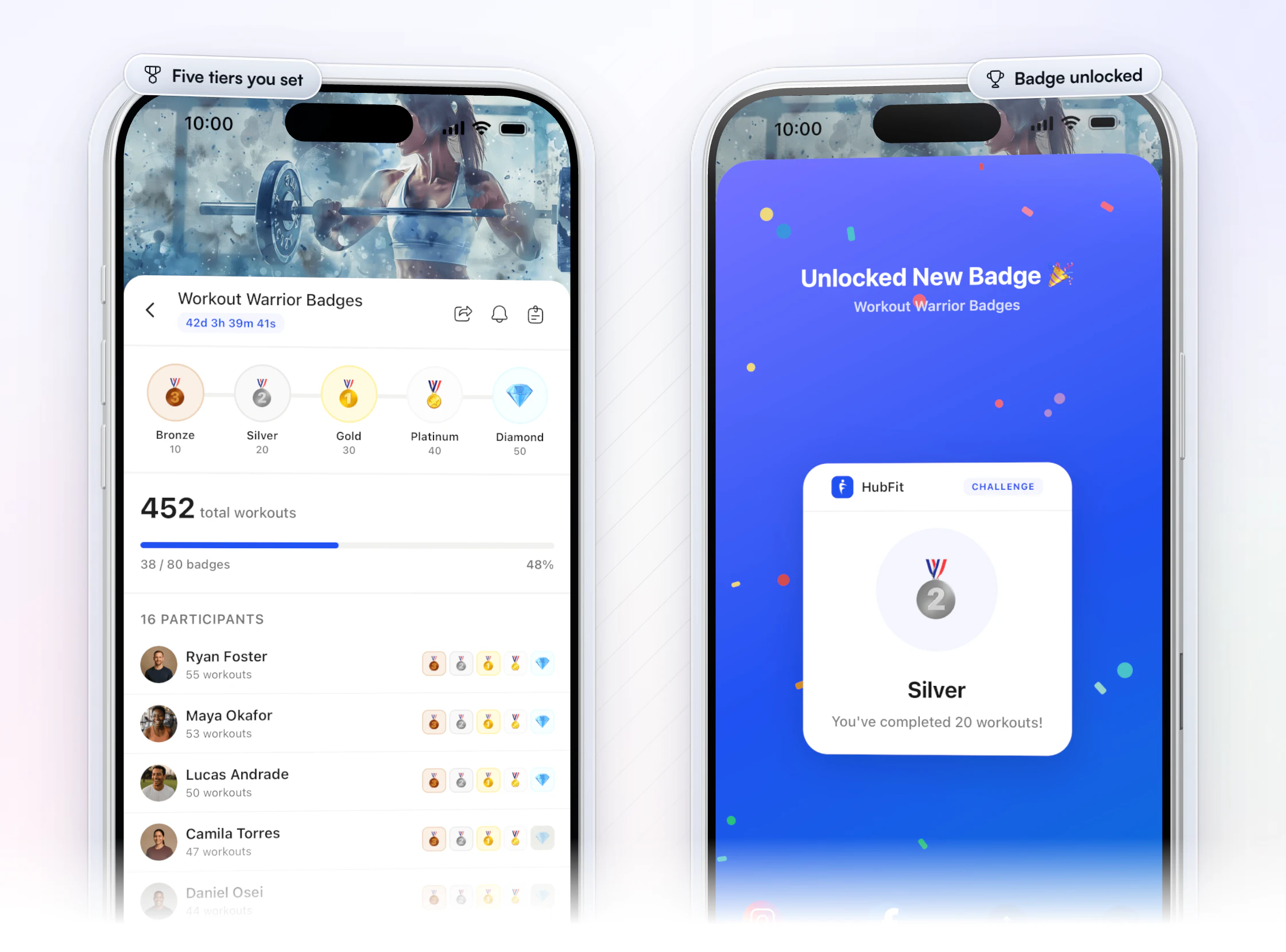 A HubFit workout challenge in milestone mode: the coach's badge board on a phone with five tiers from Bronze at 10 workouts to Diamond at 50 and the badges each participant has earned, beside a client's screen unlocking the Silver badge for 20 workouts