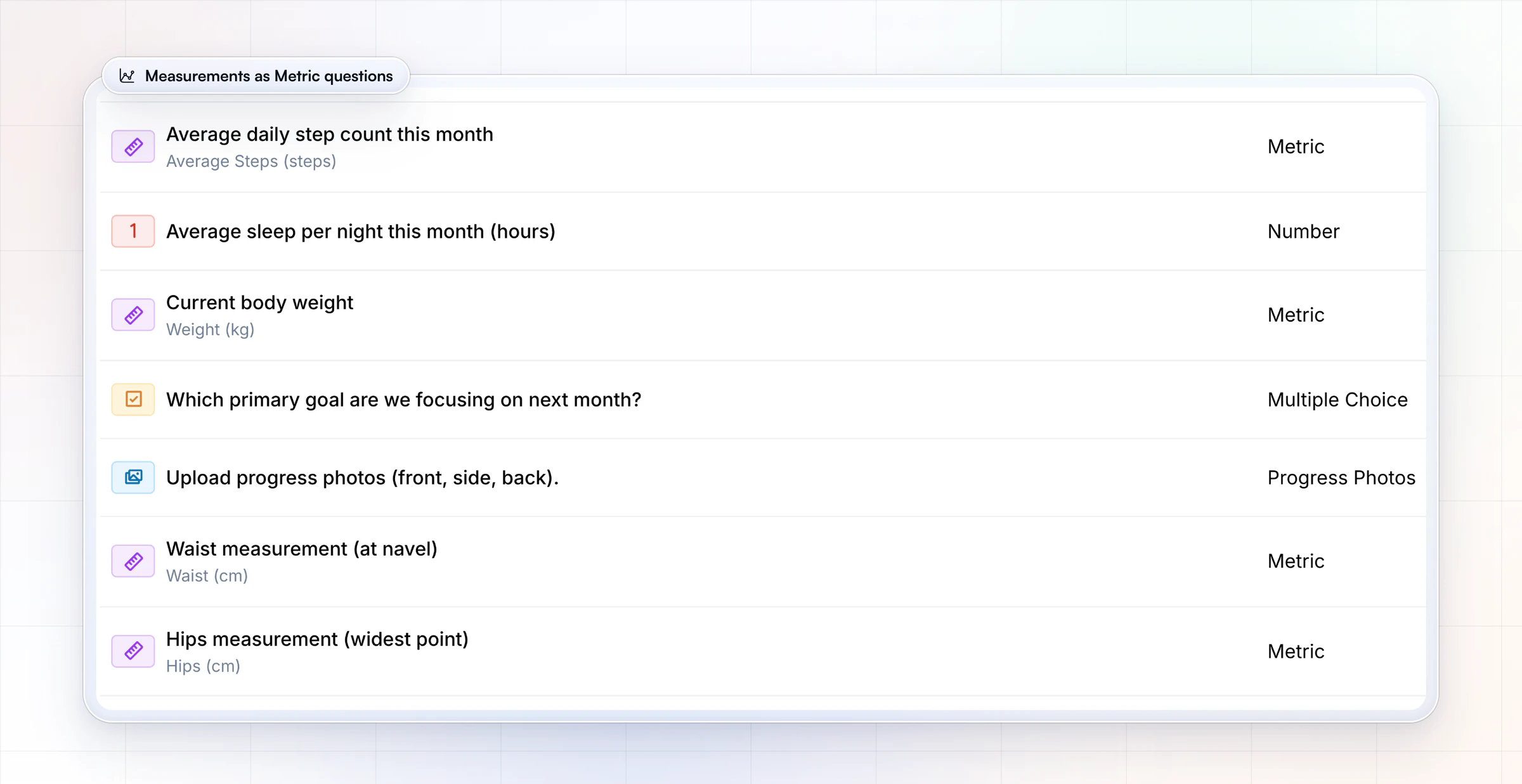 A monthly check-in in HubFit's form builder: the average daily step count, current body weight, waist and hip measurements set up as Metric questions, a Progress Photos question for the front, side and back set, and sleep and next month's goal as number and multiple-choice questions