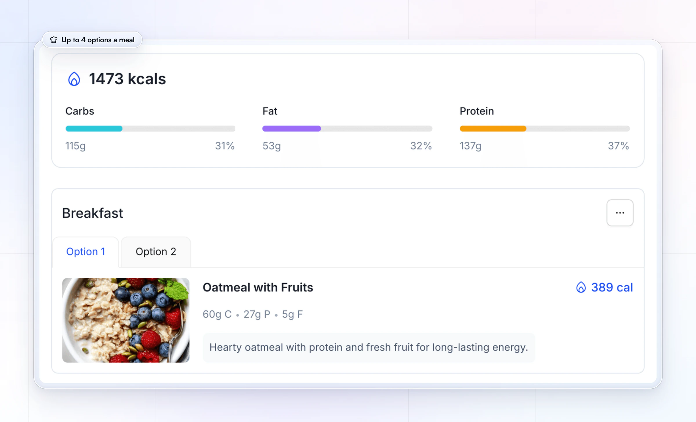 A training-day meal plan in the coach's nutrition library: 1,473 kcal with carbs, fat and protein bars at the top, then breakfast with Option 1 and Option 2 tabs and oatmeal with fruits at 389 calories