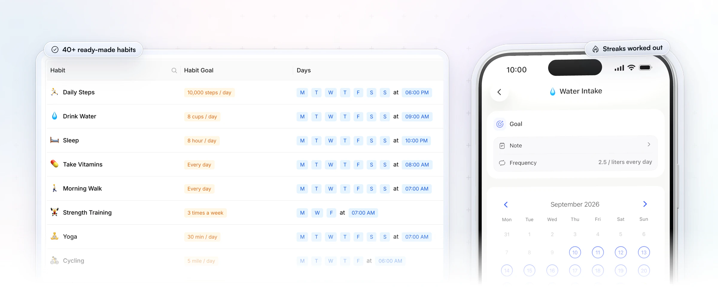 Habits in HubFit: the coach's habit library on the web, from daily steps and drinking water to sleep, vitamins and strength training, each with its goal, days and reminder time, beside a client's water intake habit in the app with every day since the 10th of September ticked off