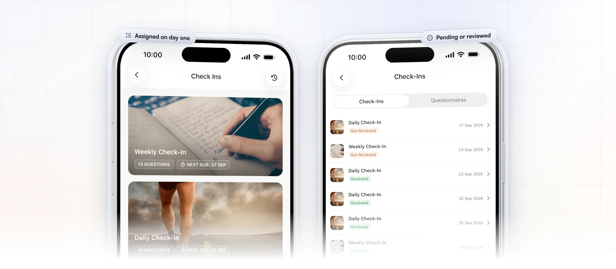 Two iPhones with check-ins in HubFit: the client's Check Ins screen with a weekly and a daily check-in and when each is next due, and the coach app's check-in history for that client, each one marked Reviewed or Not Reviewed