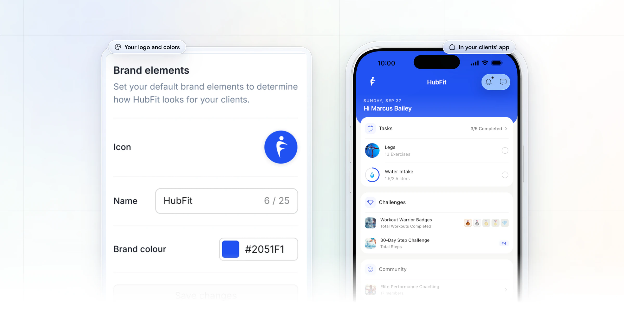 HubFit's branding settings with the brand icon, name and color, beside the client app's home screen in that brand: the day's tasks, challenges and community
