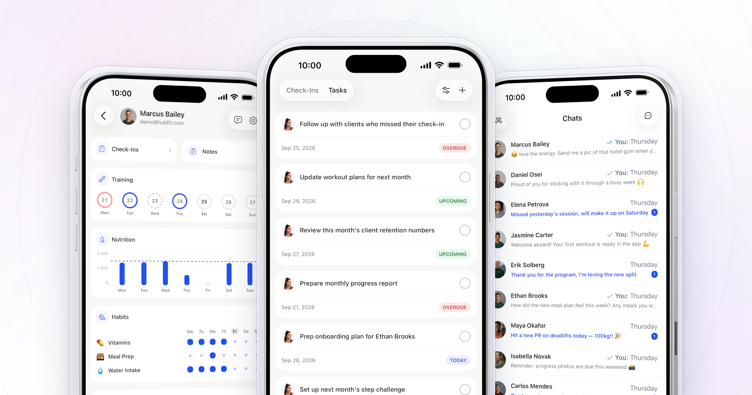 Three HubFit coach app screens: a client's profile, the coach's tasks and the chat list with every client