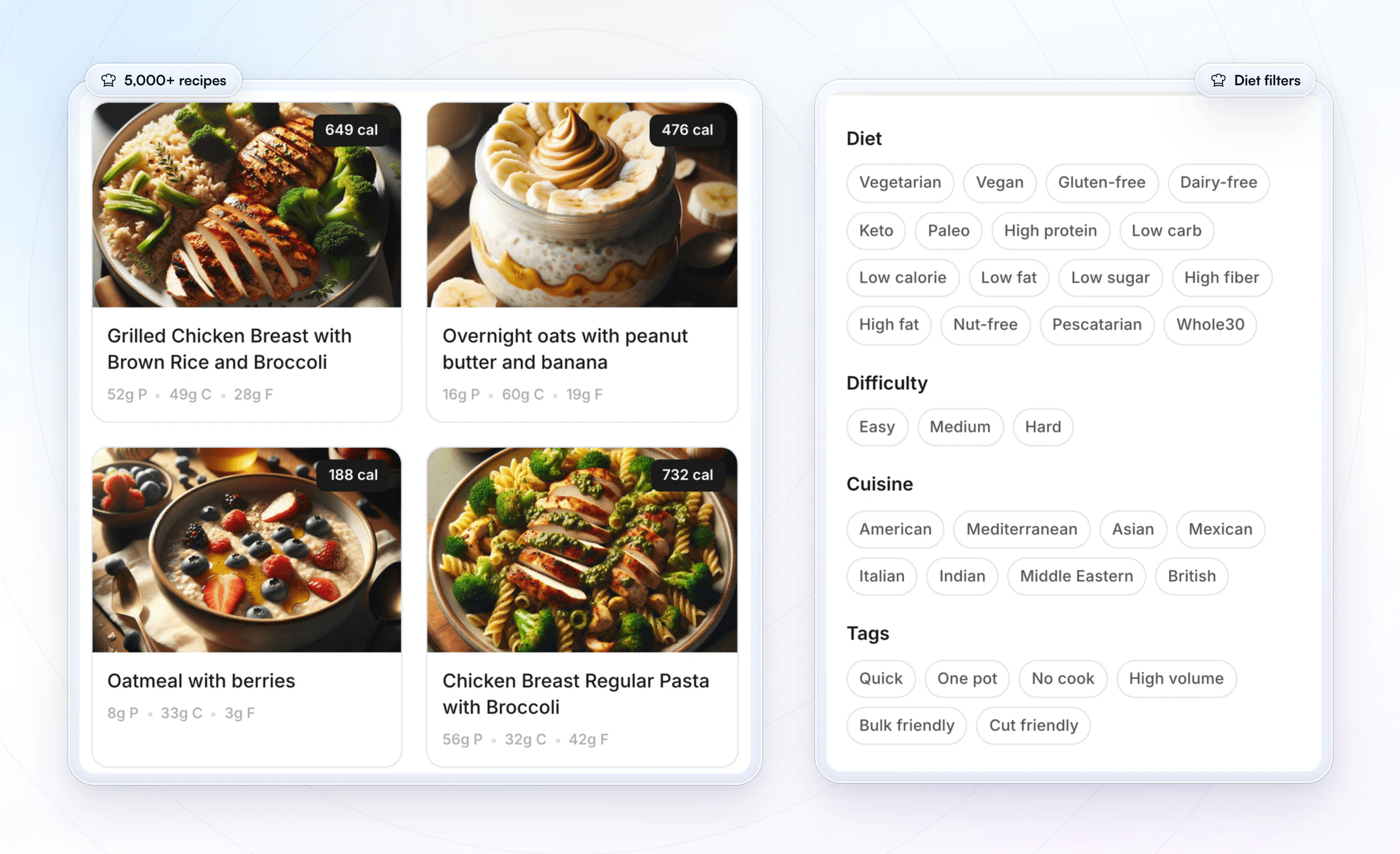 Ready-to-use recipes in HubFit: recipe cards with photos, calories, protein, carbs and fat, beside the filters for diet, difficulty, cuisine and tags such as quick and high protein