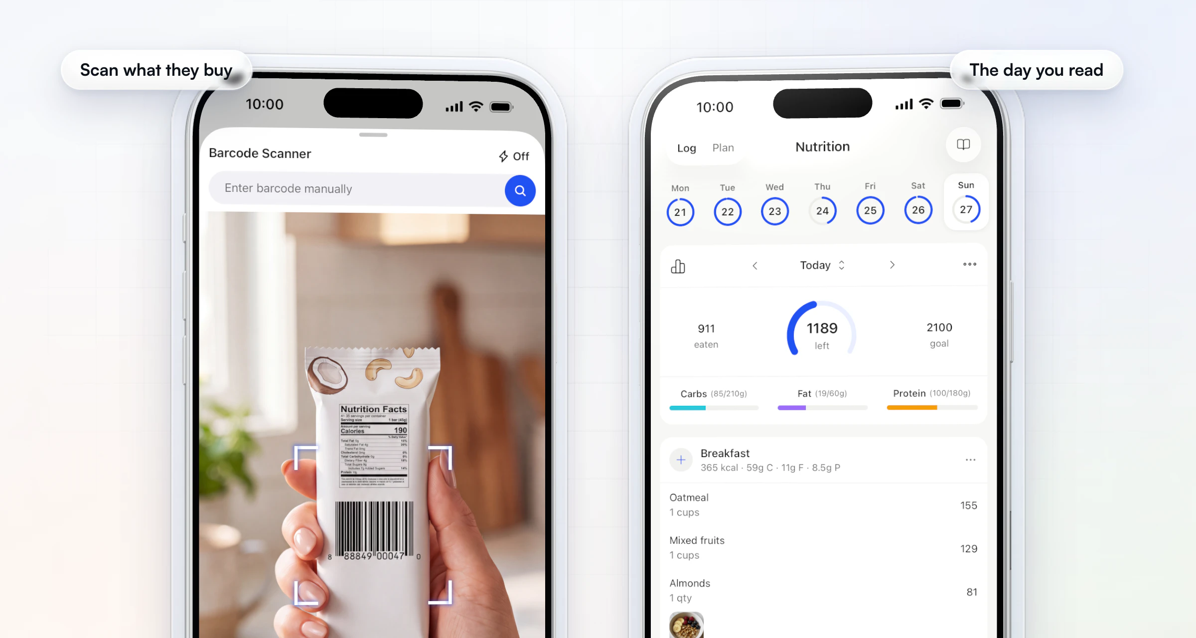 Two iPhones with a client logging food in the HubFit app: scanning a protein bar's barcode in the kitchen, and the day's log with 1,189 calories left, carbs, fat and protein against their targets, and the foods logged at breakfast