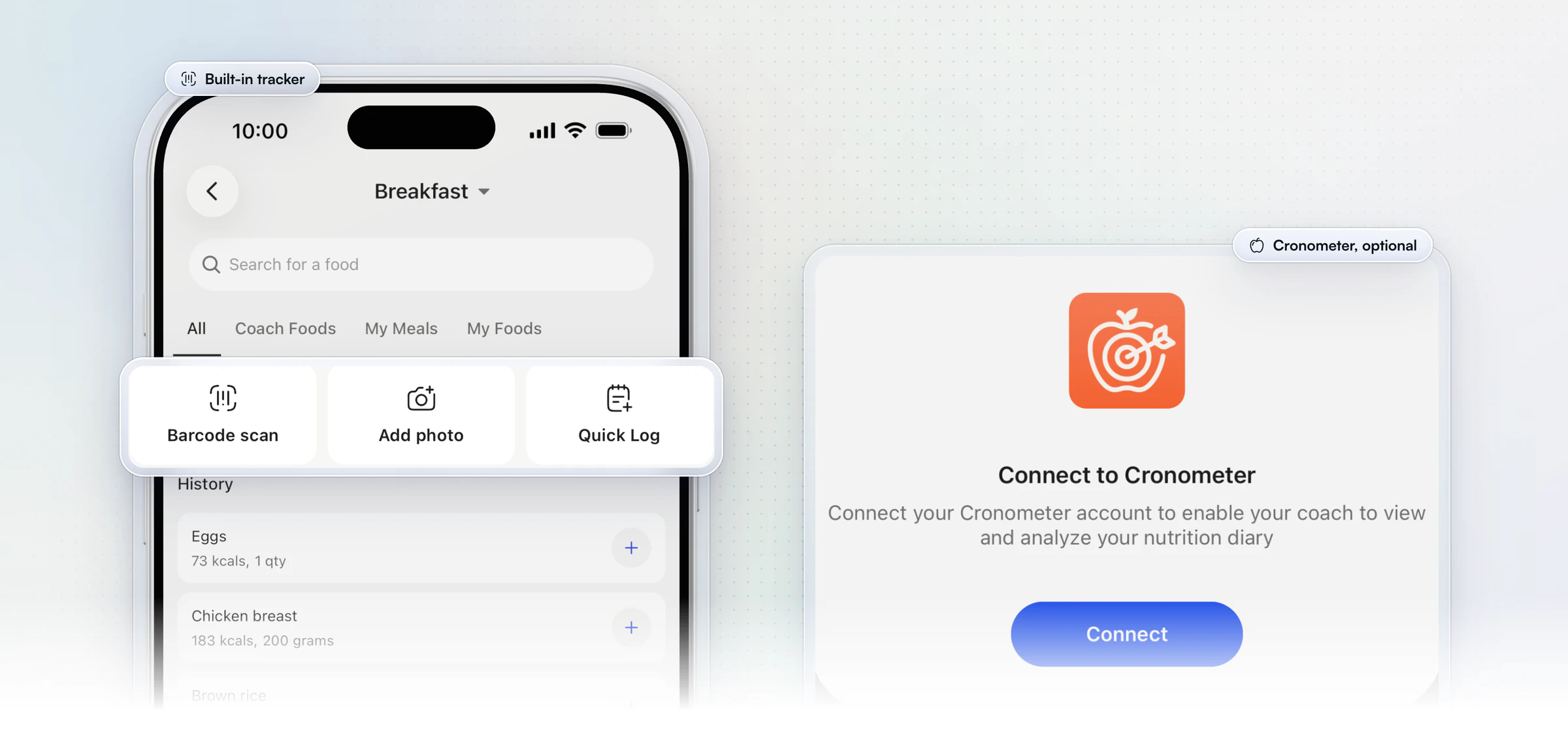 The client app's food search with Barcode scan, Add photo and Quick Log lifted out above the Coach Foods tab and the food history, beside the Connect to Cronometer sheet from the client's settings