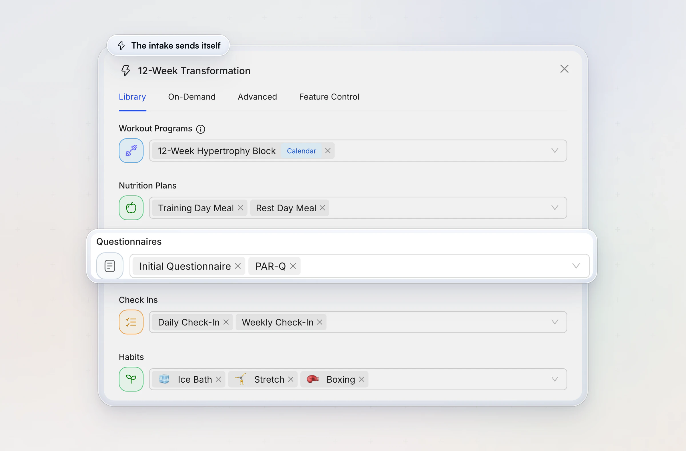 An onboarding flow in HubFit on the web, 12-Week Transformation, that gives every new client a workout program, a training day and rest day meal plan, the Initial Questionnaire and PAR-Q, daily and weekly check-ins and habits, with the questionnaires lifted out