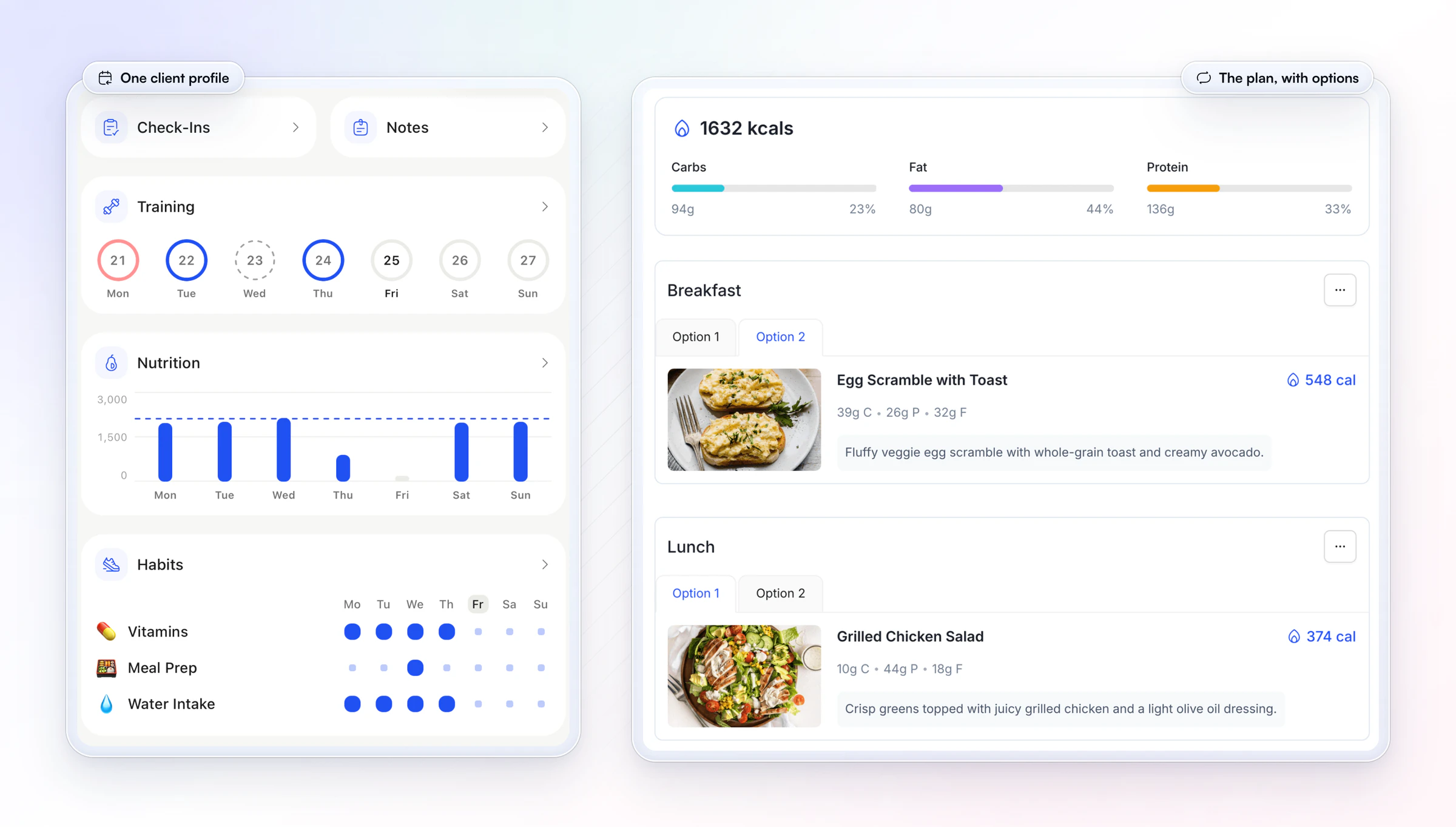 A client's profile in the HubFit coach app, with the week's calories by day and three habits (Vitamins, Meal Prep, Water Intake) checked off by day, beside a Training Day Meal plan on the web at 1,632 kcal with Option 1 and Option 2 for breakfast and lunch