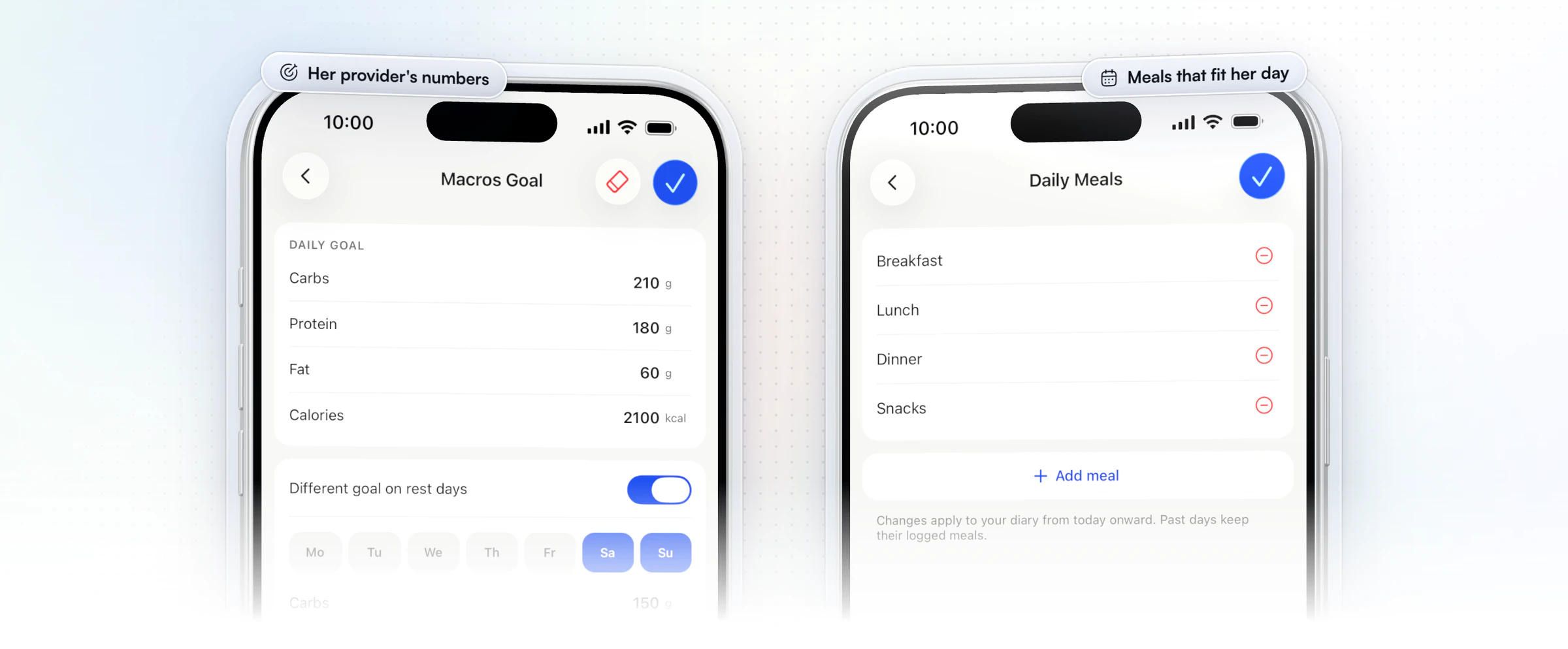Two HubFit client app screens on iPhone: Macros Goal with a daily goal of 210 g carbs, 180 g protein, 60 g fat and 2,100 kcal and a different goal on rest days, and Daily Meals listing breakfast, lunch, dinner and snacks with an Add meal button