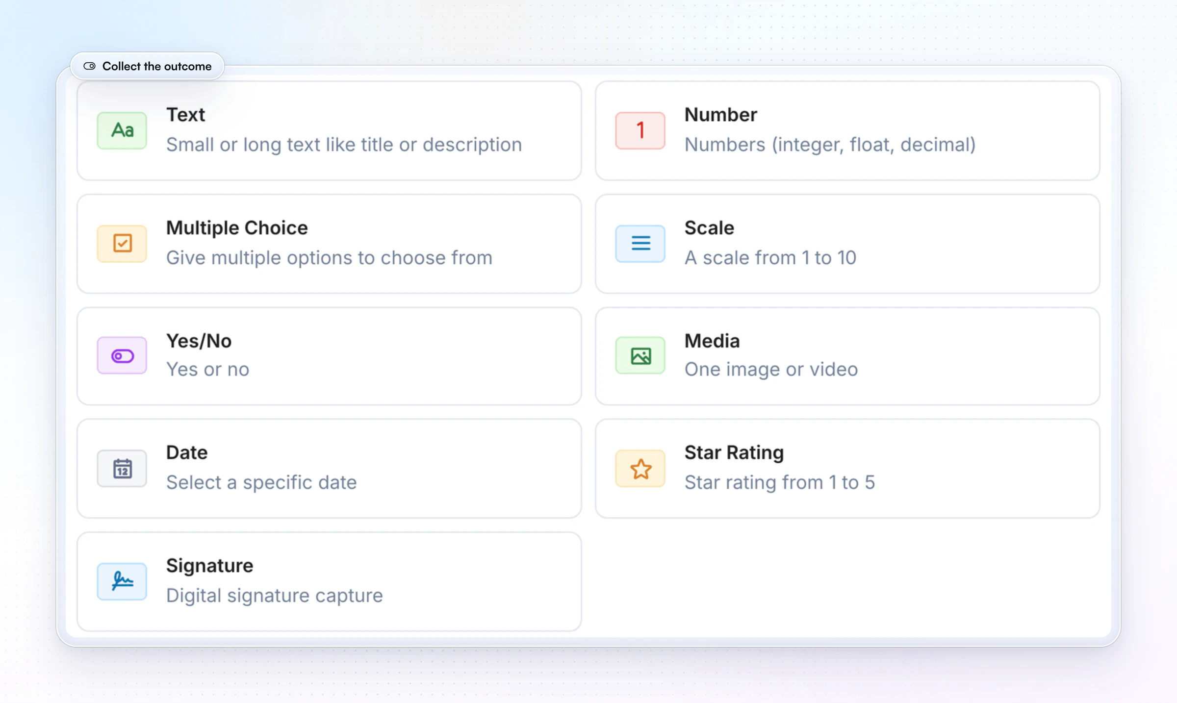 HubFit's Add Question window: Text, Number, Multiple Choice, Scale, Yes/No, Media, Date, Star Rating and Signature question types