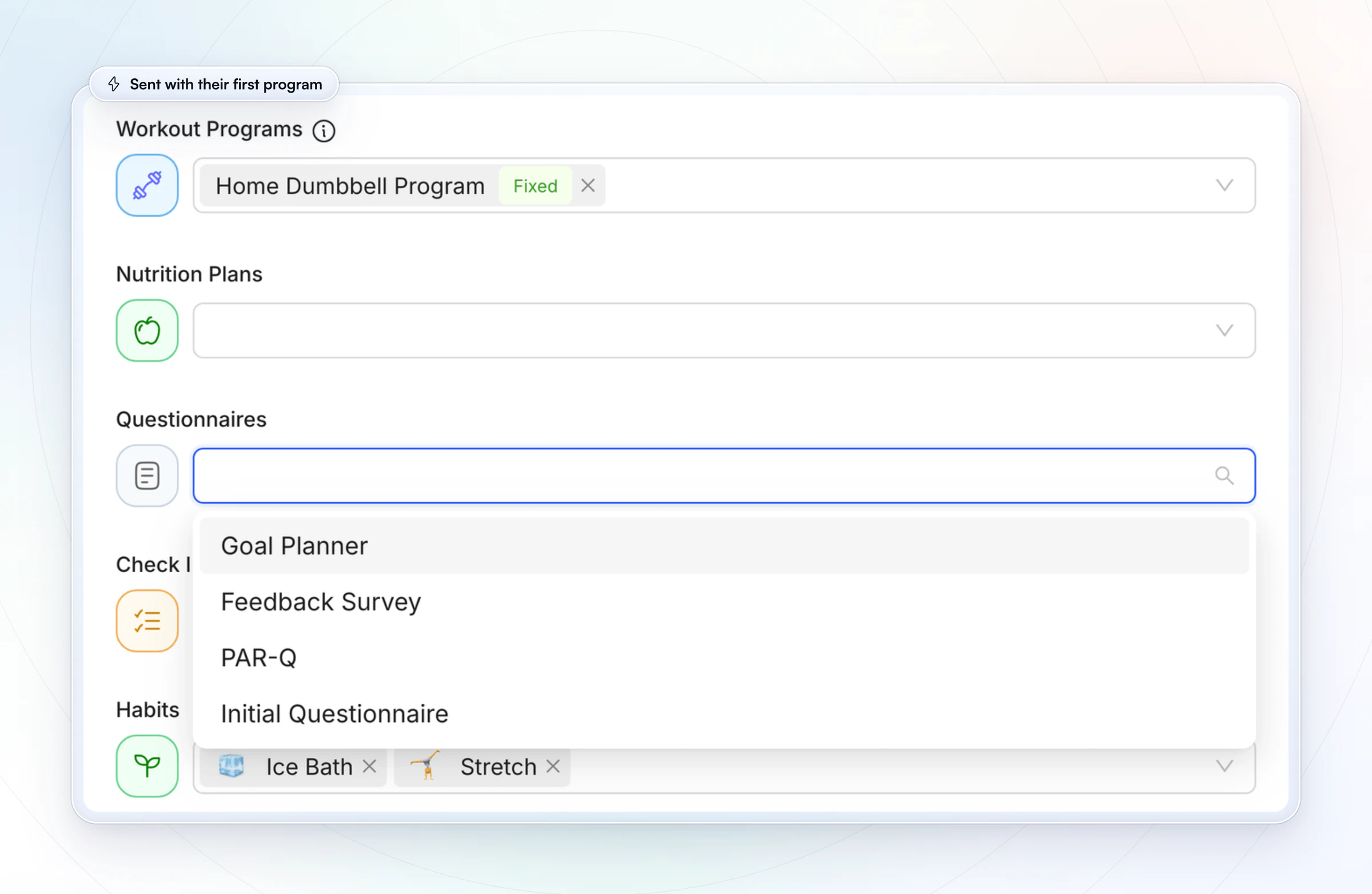 A HubFit Onboarding Flow, Home Workout Plan: a workout program and habits assigned, with the Questionnaires field open to choose the questionnaire every new client gets