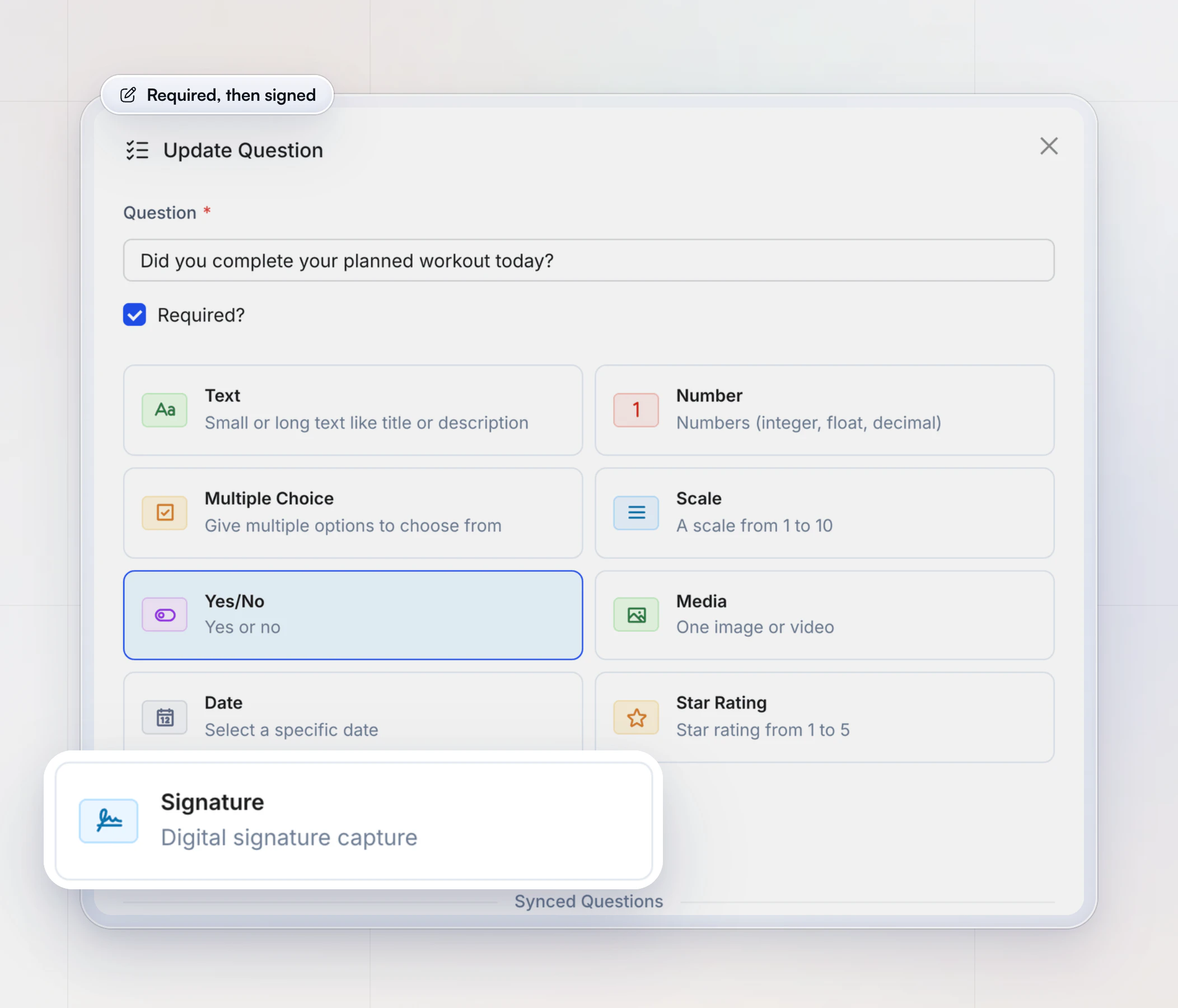 HubFit's Update Question window with the question marked Required and the answer types Text, Number, Multiple Choice, Scale, Yes/No, Media, Date, Star Rating and Signature, with the Signature option for digital signature capture lifted out