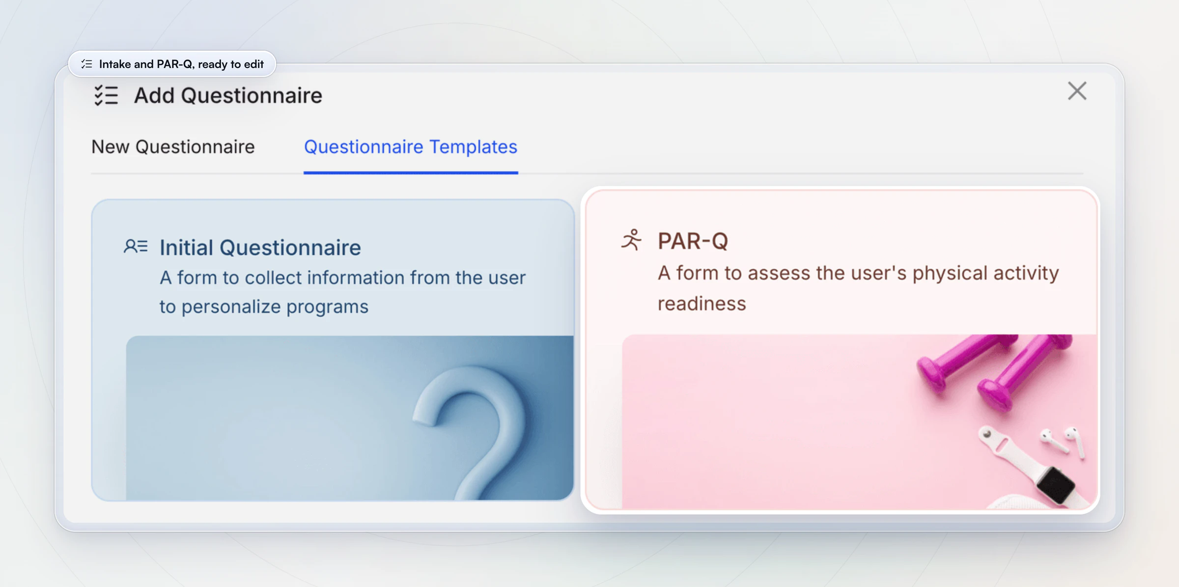 The questionnaire templates on the web: an Initial Questionnaire to personalize programs and a PAR-Q form to assess physical activity readiness, with the PAR-Q card lifted out