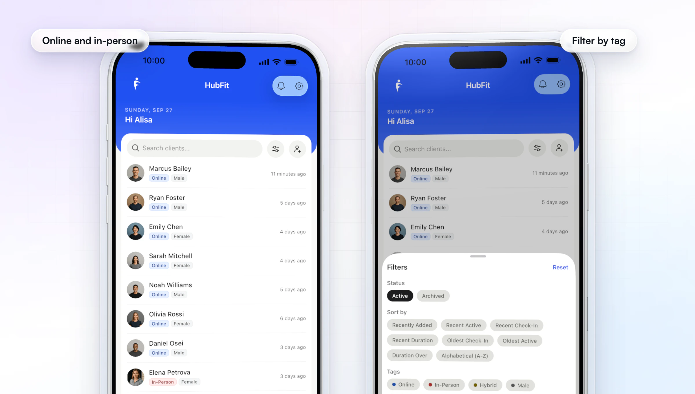 The HubFit coach app on two iPhones: the client list with each client tagged Online or In-Person and when they were last active, and the filters to show active or archived clients, sort by recent check-in and narrow to Online, In-Person or Hybrid