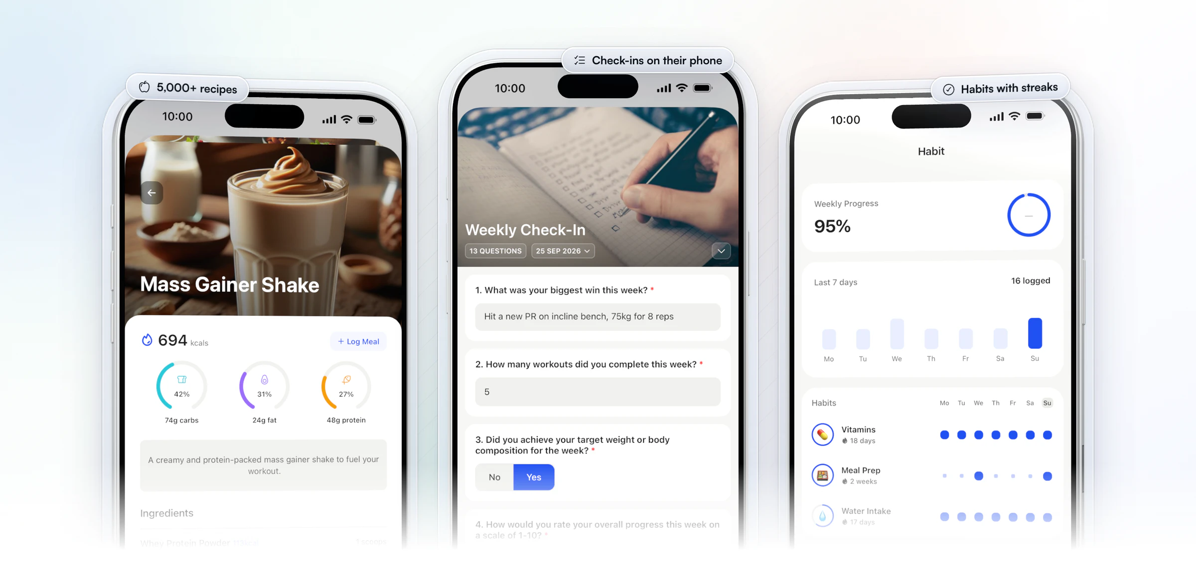 A client's day in the HubFit app on three iPhones: a recipe with its photo, calories and macros, the Weekly Check-In answered with a new PR on incline bench, and habits at 95% for the week with streaks for vitamins, meal prep and water