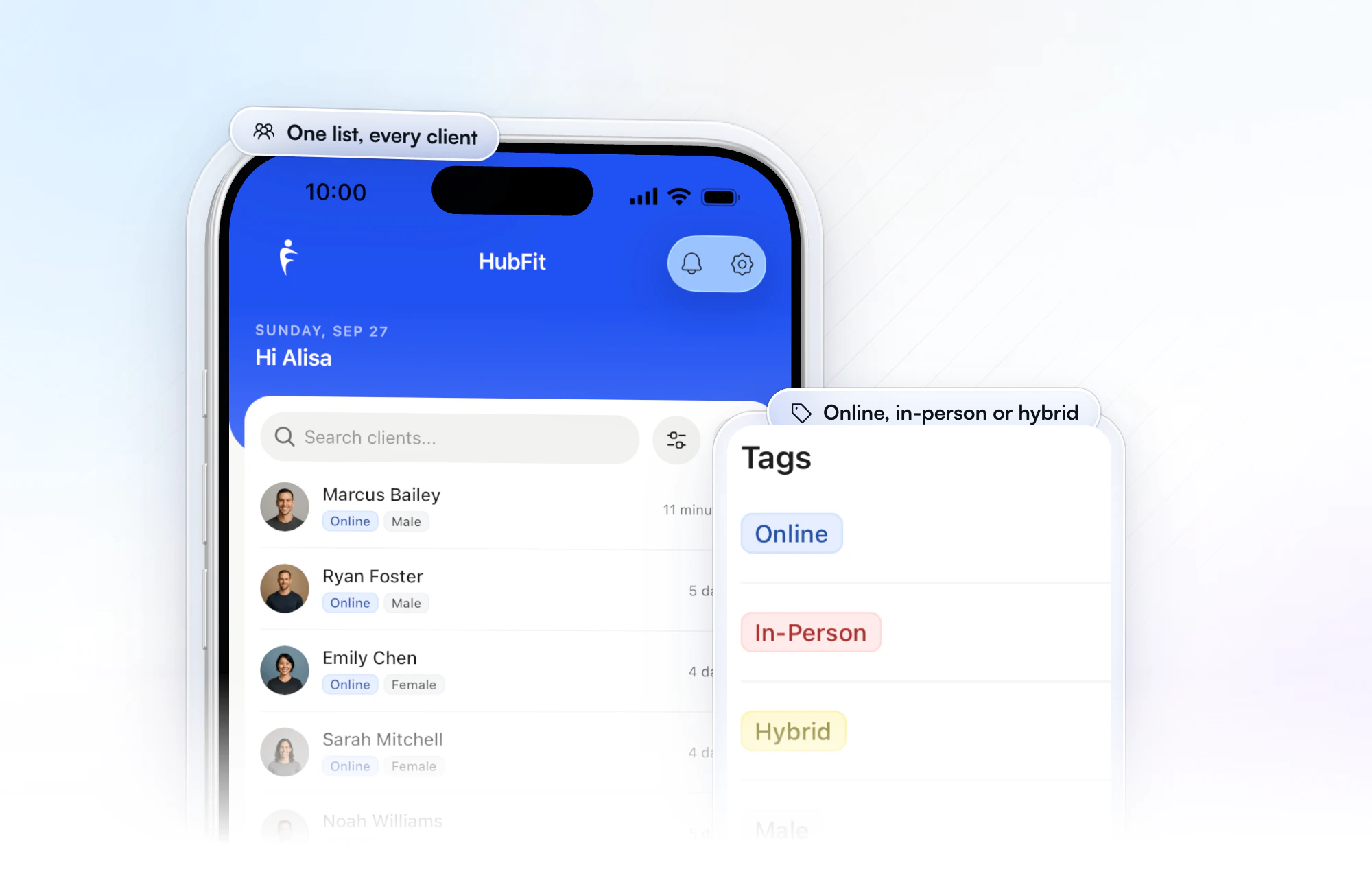 The coach app's client list on iPhone, each client tagged Online or In-Person, with the Tags sheet's Online, In-Person and Hybrid tags lifted out beside it