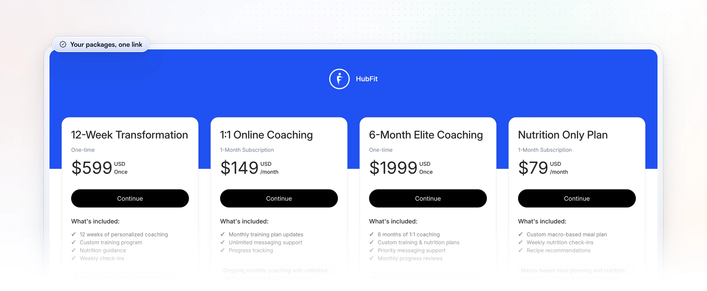 A trainer's own plans page as clients see it: four coaching packages side by side, a 12-week transformation, 1:1 online coaching, 6-month elite coaching and a nutrition-only plan, each with its price, a Continue button to checkout and what's included