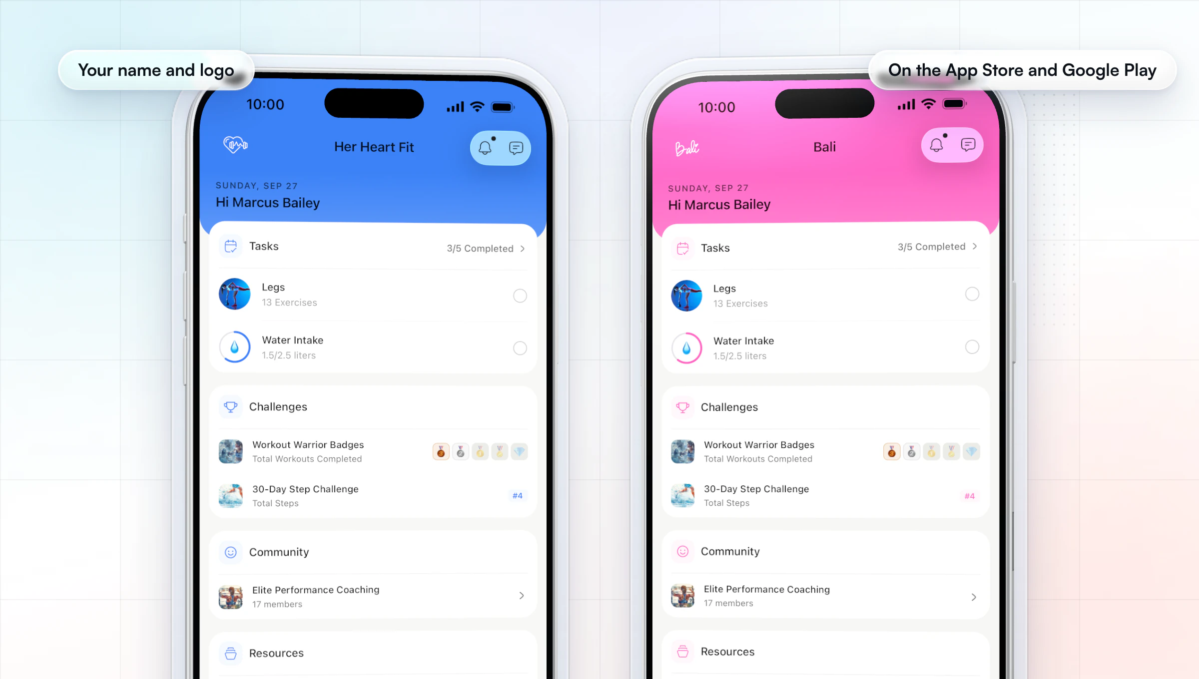 Two example branded apps on iPhones, Her Heart Fit in blue and Bali in pink, each showing the client's home screen with tasks, challenges and community under the brand's own name and logo