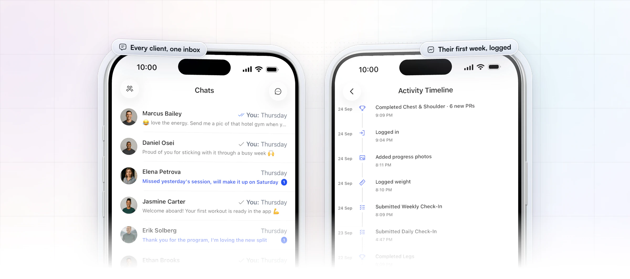 The first week after the switch, in the coach app: every client conversation in one chat list, from thanks for a new program to a new deadlift PR, beside one client's activity timeline with completed workouts, new PRs and submitted check-ins