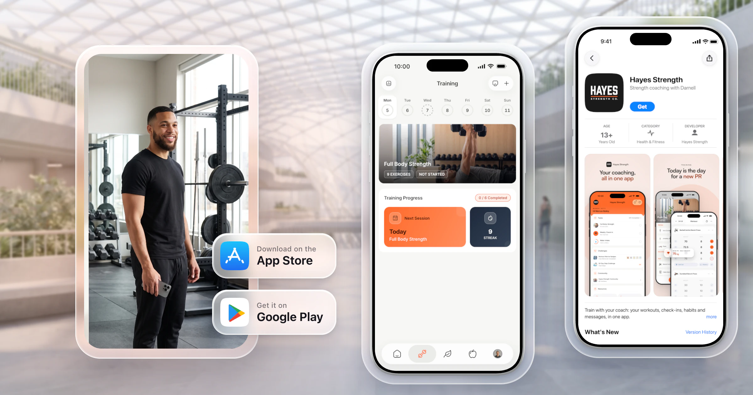 A coach in a framed photo beside App Store and Google Play badges and two iPhones for his example app, Hayes Strength: a training calendar and the app's App Store page, in a glass atrium.