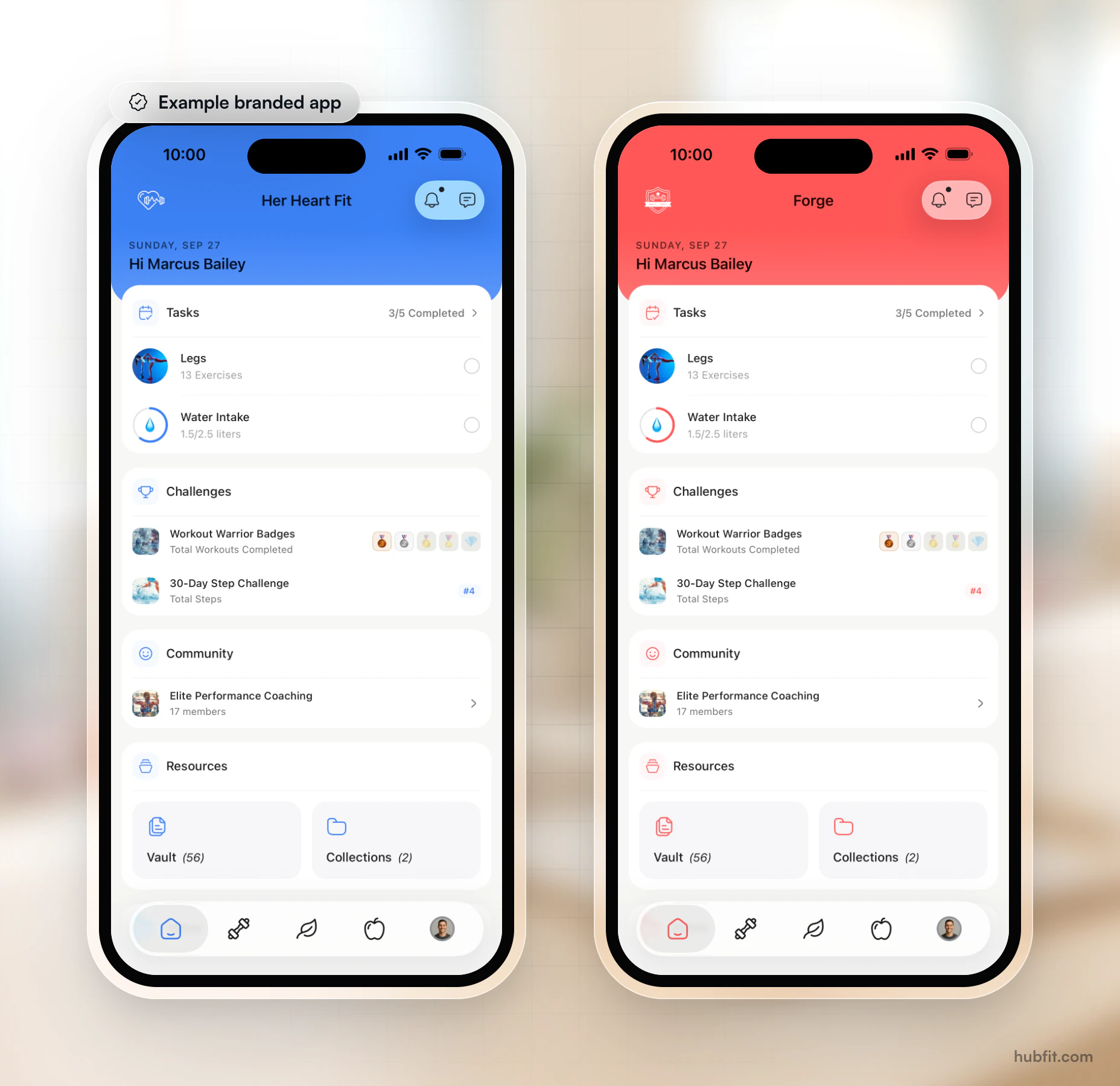 Two example branded fitness apps, Her Heart Fit in blue and Forge in red, each showing its own name and logo above the client's tasks, challenges, community and resources