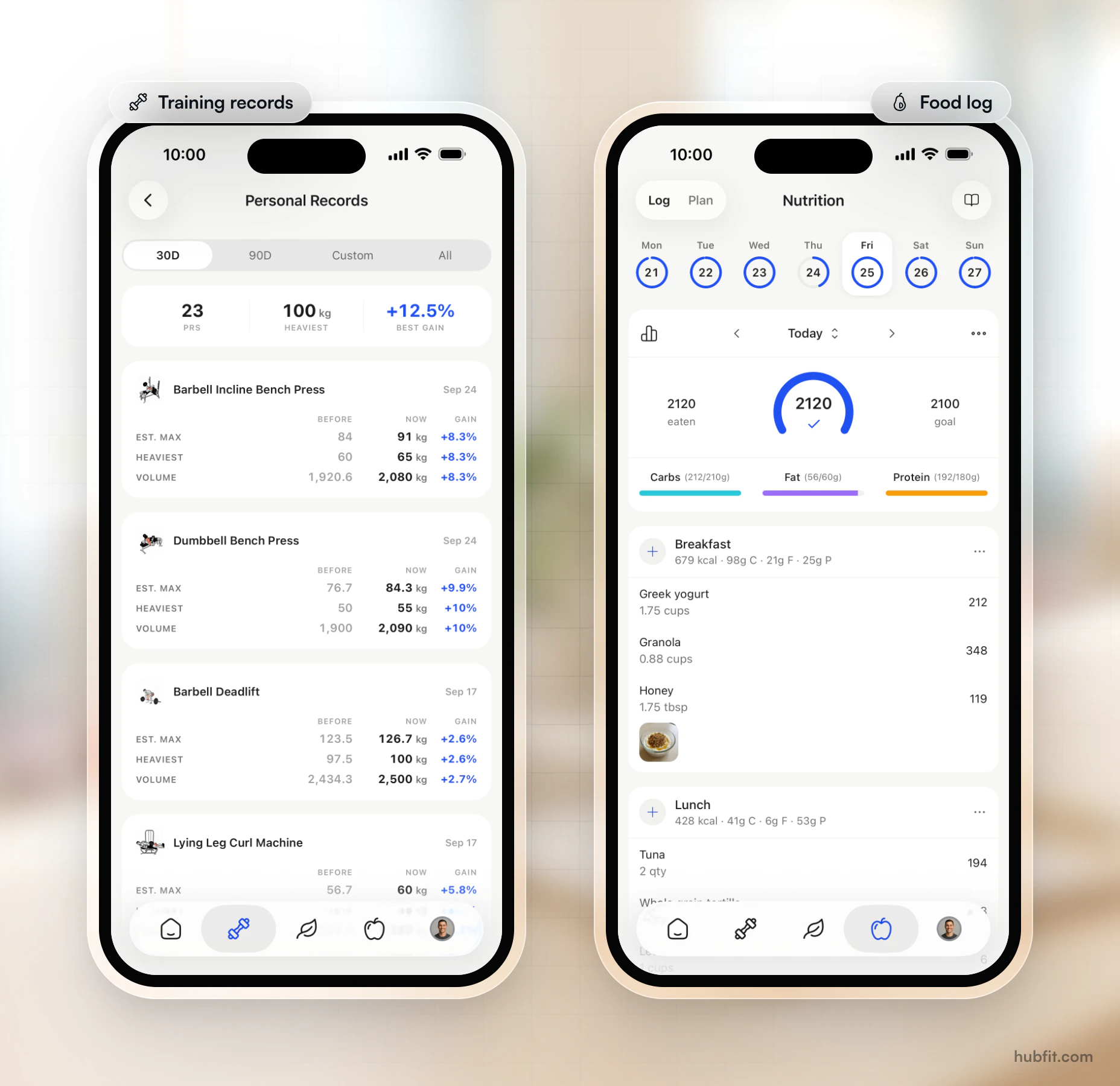 Two client app screens: Personal Records showing 23 PRs over 30 days, and the Nutrition log with 2,120 calories eaten against a 2,100 goal, with carbs, fat and protein