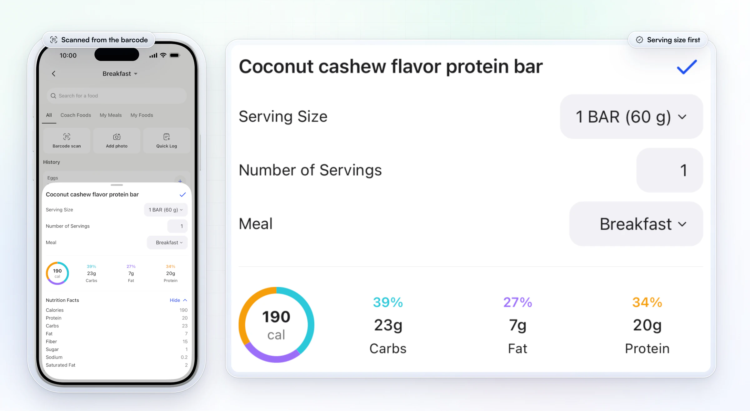 HubFit's scanned food result for a coconut cashew protein bar, with its nutrition facts listed under a calorie and macro ring, beside the top of the sheet lifted out: serving size 1 bar (60 g), 1 serving, breakfast, 190 calories with 23 g carbs, 7 g fat and 20 g protein