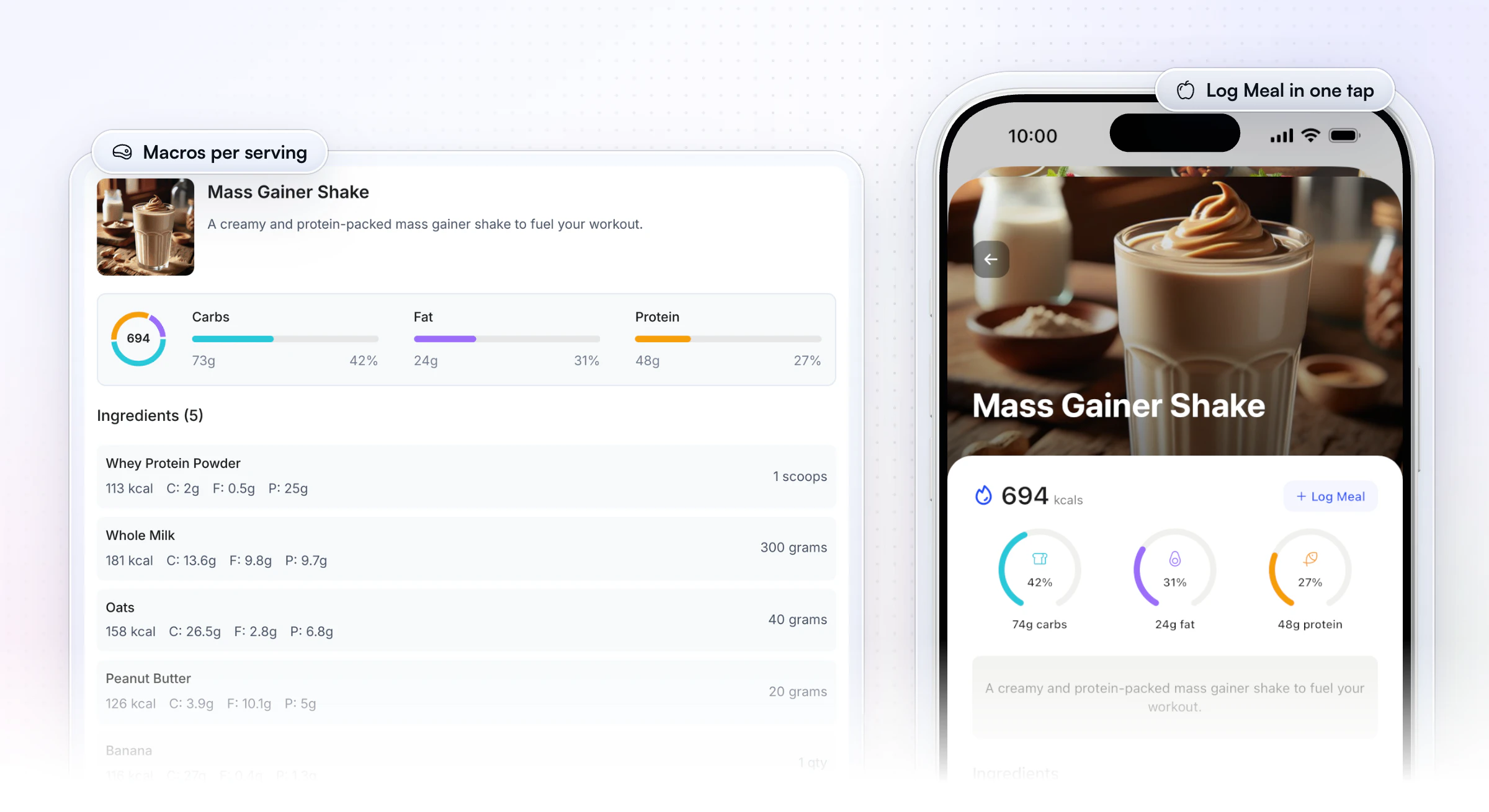 The Mass Gainer Shake in HubFit: the recipe page on the web with 694 kcal, macro bars and five ingredients, beside the same recipe in the client app with macro rings and a Log Meal button