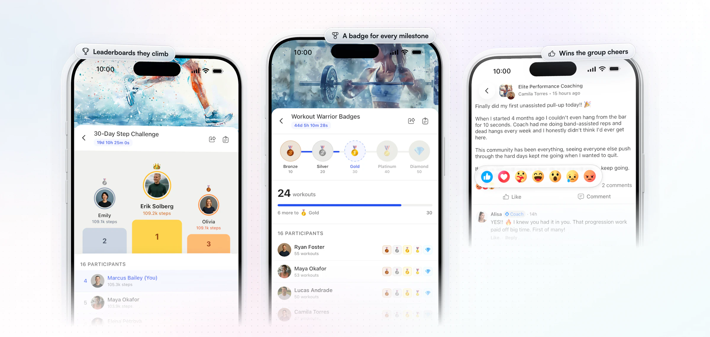 Group wins in the HubFit app on three iPhones: a 30-day step challenge leaderboard with the top three on a podium, a milestone challenge where a client on 24 workouts is 6 away from Gold, and a member's post about her first unassisted pull-up in the community with the reaction bar open