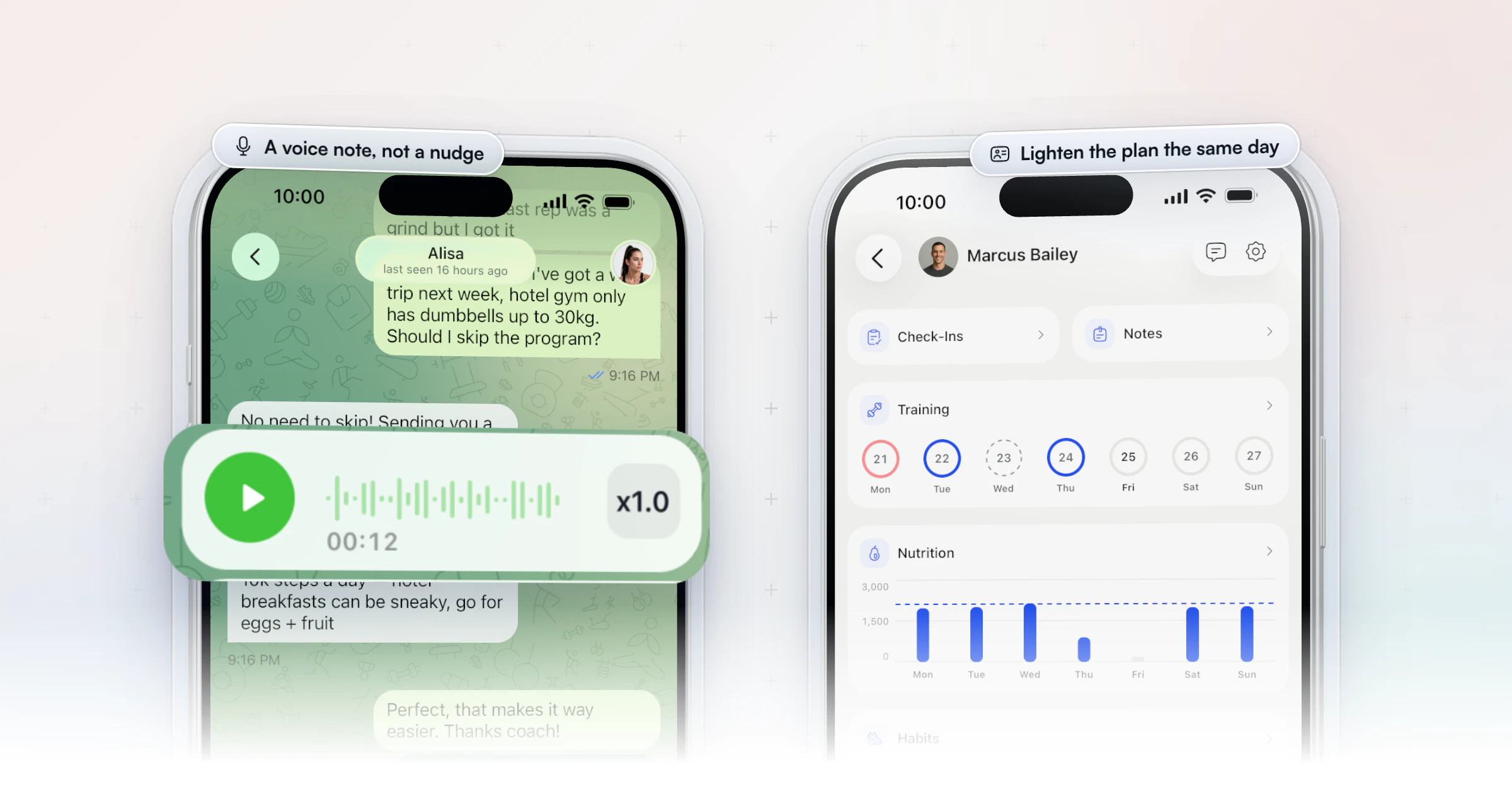 A client's chat with their coach in the HubFit app, where the coach answers a question about skipping the program on a work trip with a 12-second voice note, lifted out, beside the coach's view of that client's week: check-ins, notes, training days, a nutrition chart and daily habits
