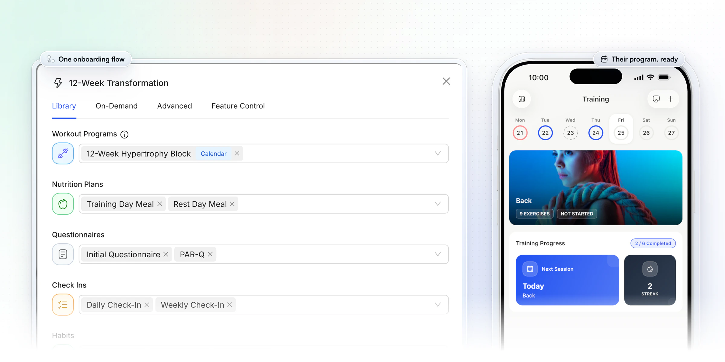 An onboarding flow on HubFit's web app, 12-Week Transformation, assigning a workout program, nutrition plans, questionnaires, check-ins and habits, beside the client's training calendar in the app with today's session ready to start