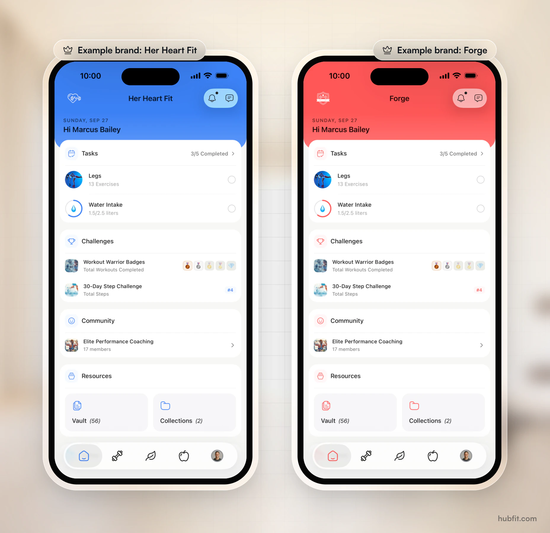 Two example branded apps, Her Heart Fit in blue and Forge in red: the same client home screen with each brand's name, color and logo, showing tasks, challenges, community and resources