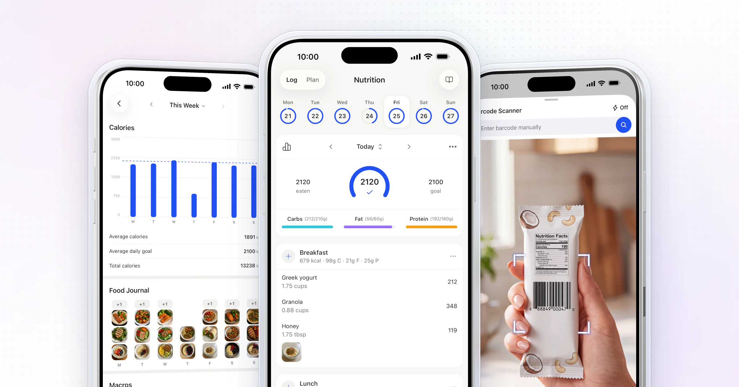 A shared meal plan in the HubFit client app on three iPhones: the week's calories by day against the goal with the average and total, today's nutrition log with 2,120 of 2,100 calories and the macro bars, and a protein bar being logged with the barcode scanner