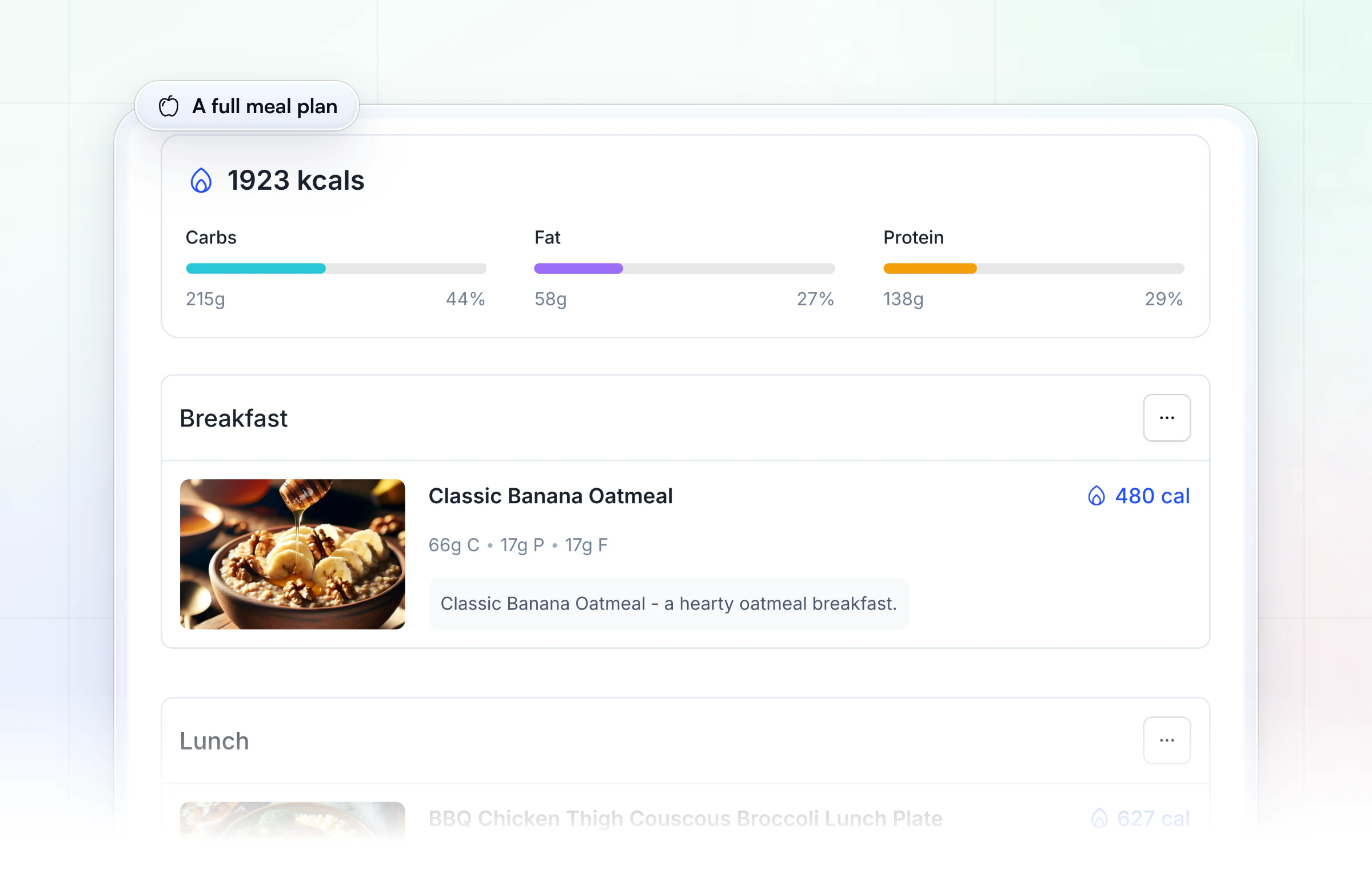 A meal plan in HubFit's builder: 1,923 calories split into carbs, fat and protein, then breakfast, Classic Banana Oatmeal at 480 calories, and lunch, a BBQ chicken thigh plate with couscous and broccoli at 627 calories