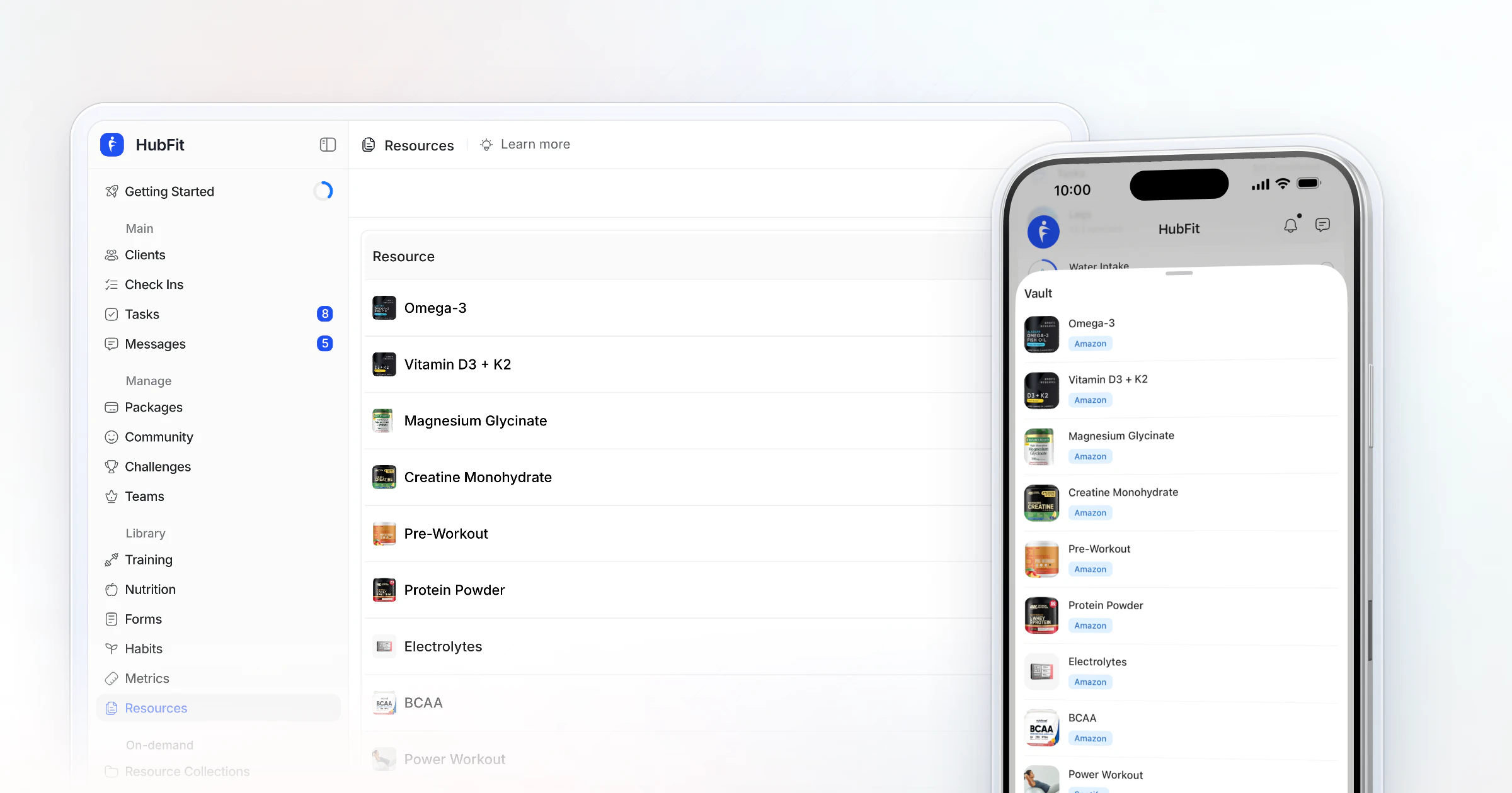 HubFit's resources page on the web, where a coach keeps supplements, guides and playlists, beside an iPhone showing the same resources in the client's vault