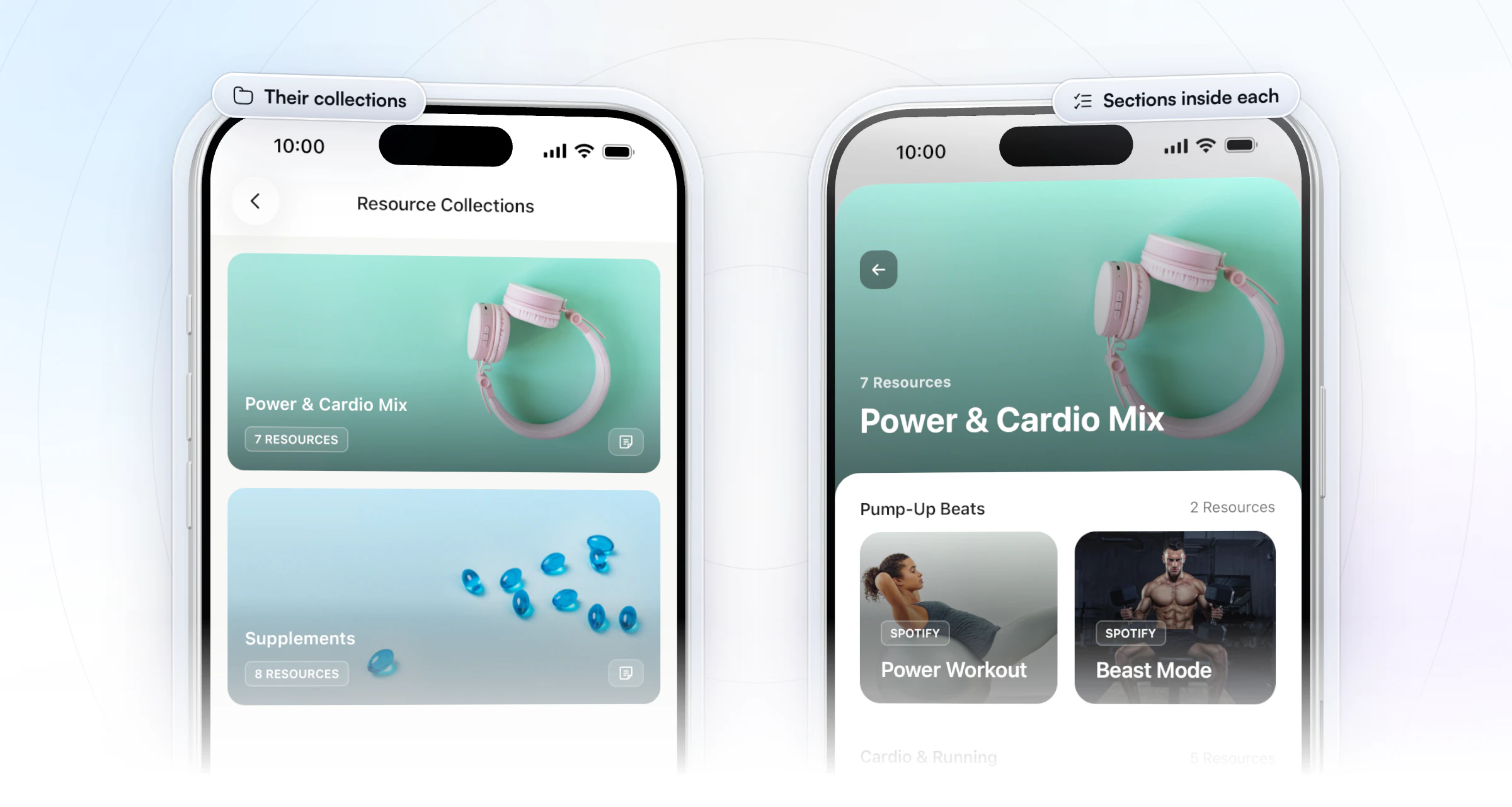 Two iPhones in the HubFit client app: the Resource Collections screen with two collections on their cover photos, Power & Cardio Mix with 7 resources and Supplements with 8, beside Power & Cardio Mix opened into its sections, Pump-Up Beats and Cardio & Running